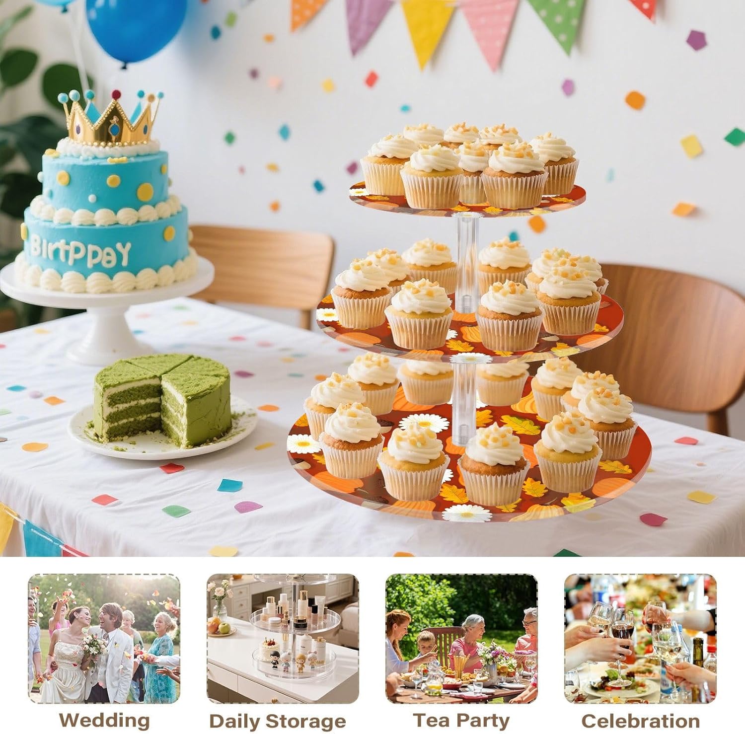 Acorn Flowers Floral Pumpkin Thanksgiving 3 Tier Acrylic Cupcake Stand, Cupcake Stand for 34 Cupcakes for Weddings, Christmas,Holidays,Parties,Birthday,Printed Cupcake Tower 23301640