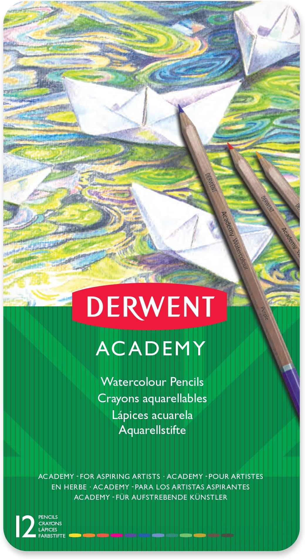 Derwent Academy Watercolour Pencils, Set of 12 in Tin, Blendable Multicolour Artist’s Pencils, Ideal for Wet or Dry Colouring, Drawing & Illustration, Premium Hobbyist Quality, 2301941