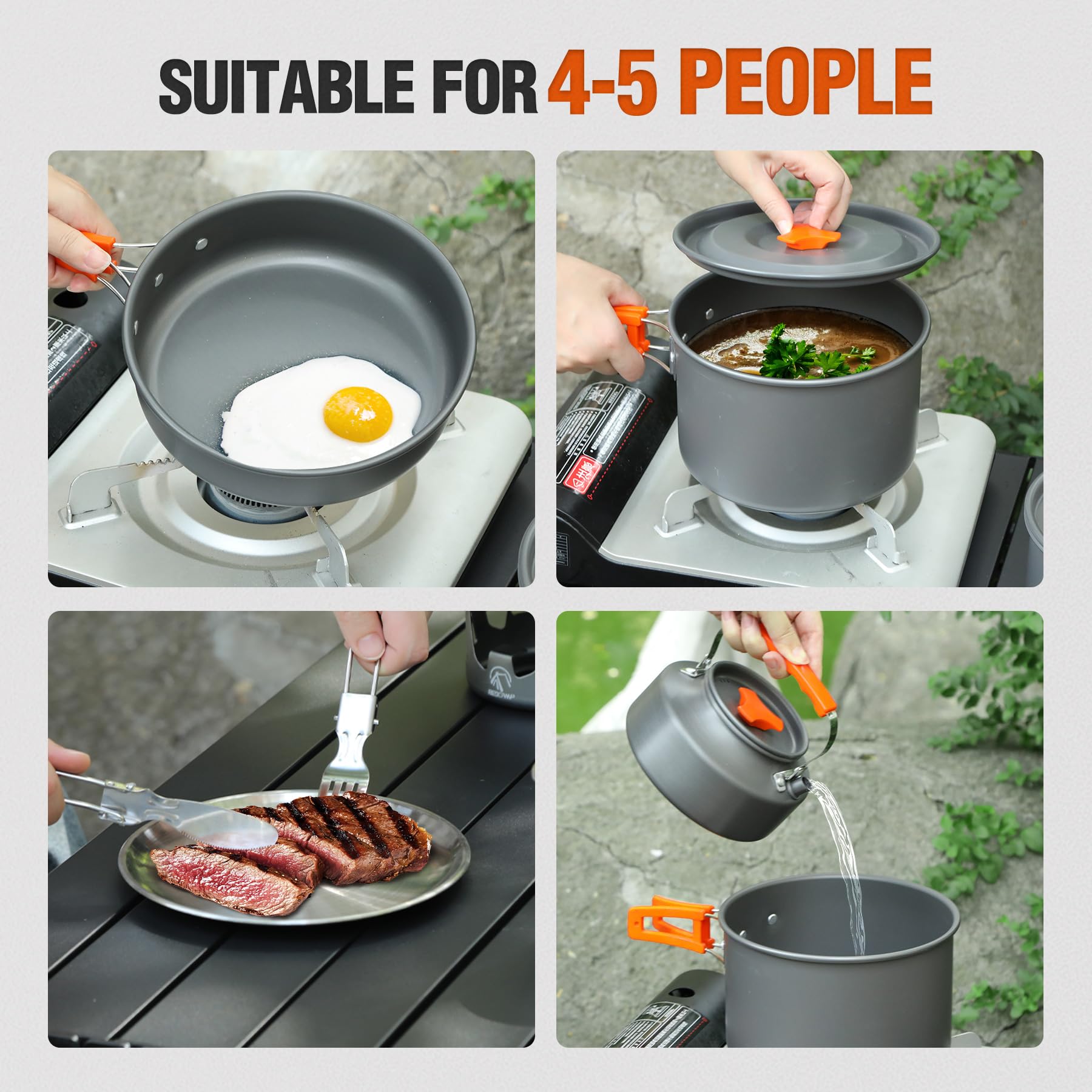 REDCAMP 12/14/15/19 PCS Camping Cookware Mess Kit Camping Gear Campfire Utensils Lightweight Stackable Pot Pan Bowls Soup Spoon with Storage Bag for Camping, Backpacking, Outdoor Cooking, Picnic