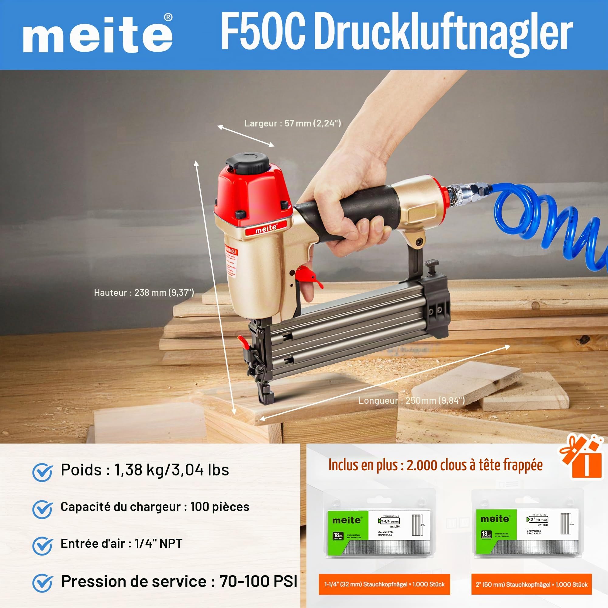 meite F50C Cloueuse Pneumatique 18GA, pour Clous Type 18G de 15-50 mm, avec Nez de Sécurité, cloueure finition (Cloueur à pointes 50 mm avec 2 000 clous)