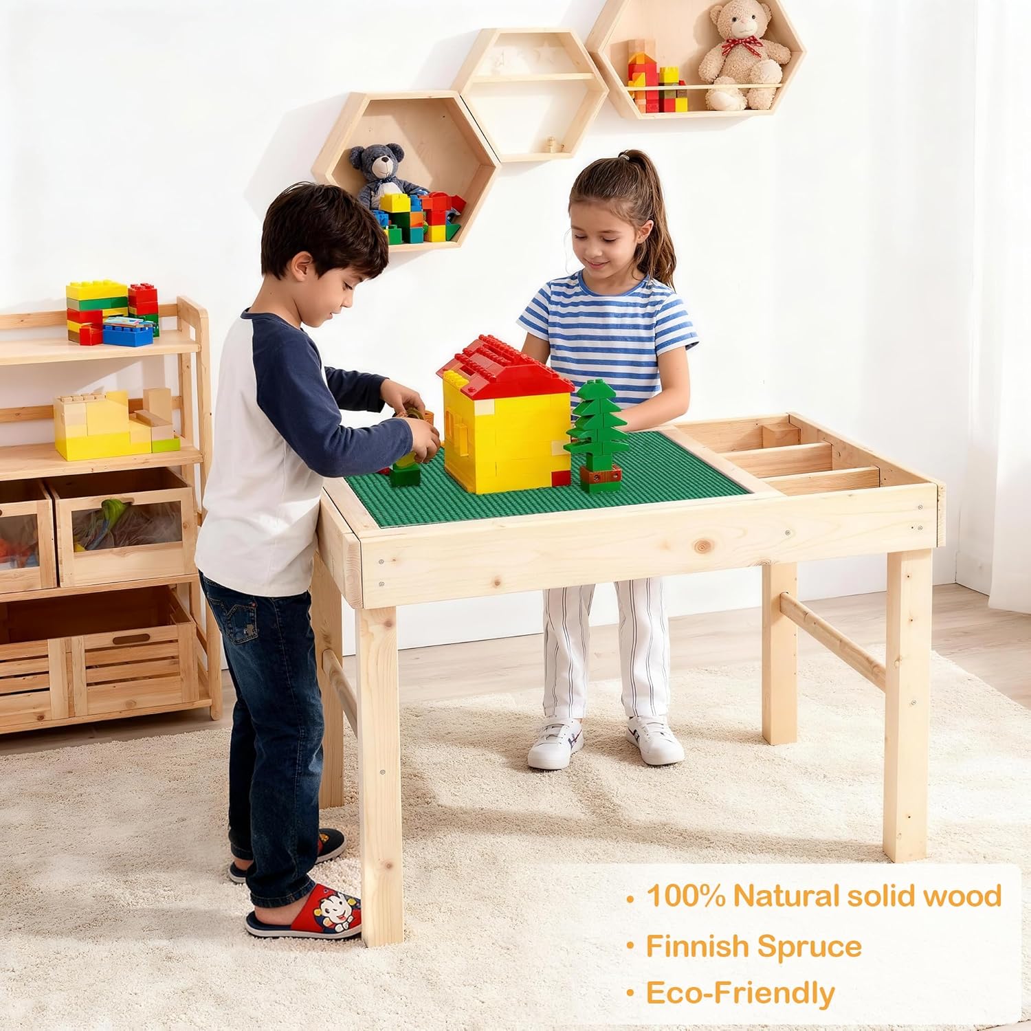 Play Table with Storages, 4 Compartment Double Sided Available Activity Table, Fun Learning Toy for Ages 3+, Compatible with Building Block for Boys Girls