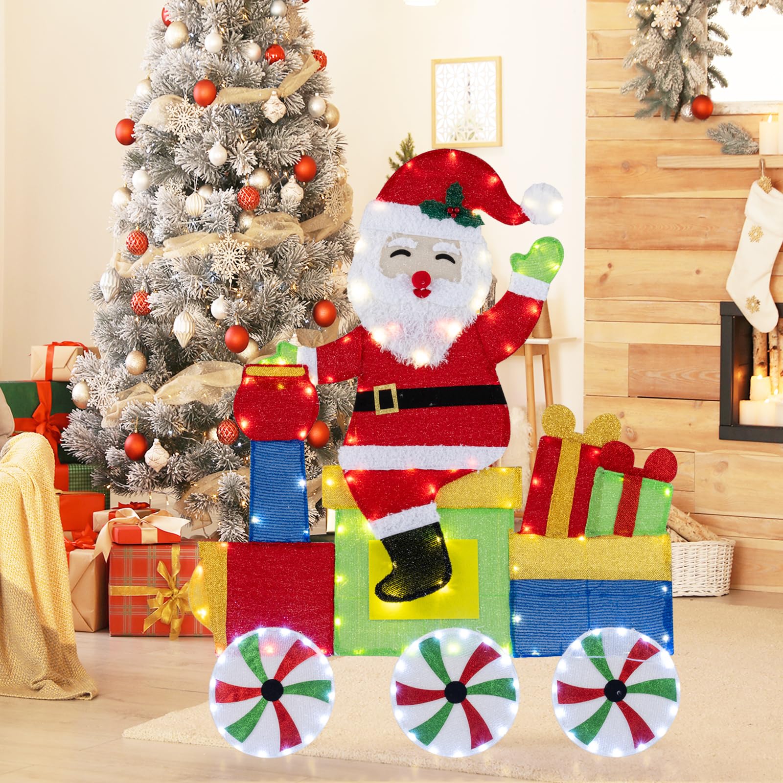 SOARS LED Weihnachtsmann 2D, Weihnachtsfigur groß 120cm im Zug, Weihnachtsdeko Outdoor mit 133 warmweißen LEDs, Weihnachtsdekoration wetterfest, Weihnachtsbeleuchtung für innen & außen