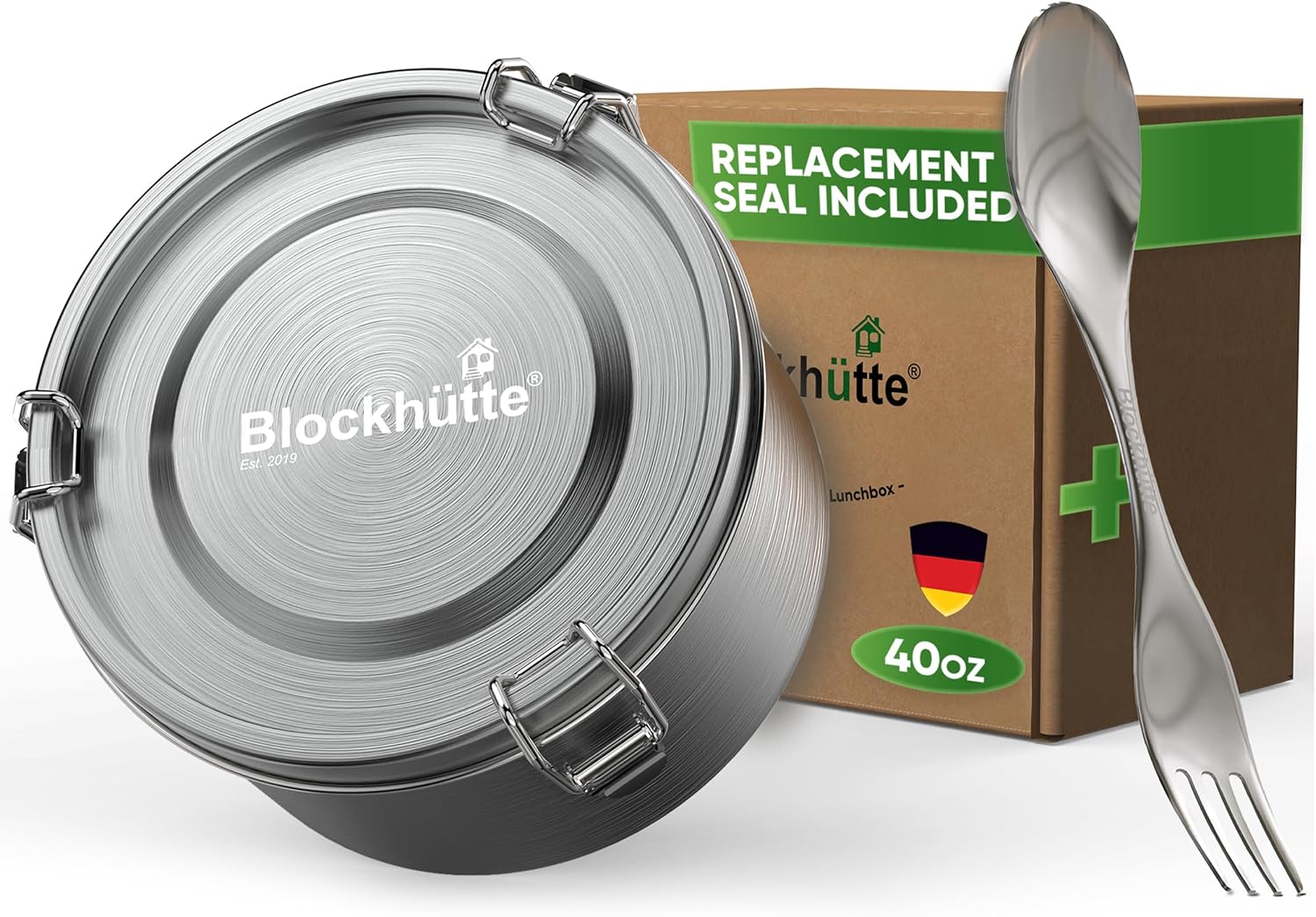 Blockhütte Metal Lunch Container 40oz with Spork, Bento Box Adult Metal BPA Free, Stainless Lunch Box for Work Dishwasher Safe, Stainless Steel Food Storage Containers Leakproof 40oz Silver