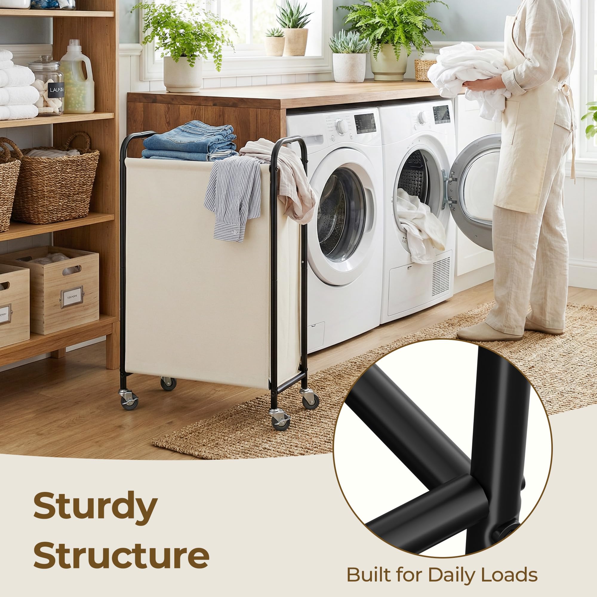 GRANNY SAYS Cesto de la Ropa de 80 Litros con Ruedas, Cesto de Tela con Ruedas, Organizador de Ropa Estrecho, Cesto Alto para Armario, Lavadero o Baño, Slim Laundry Basket, Color Beige