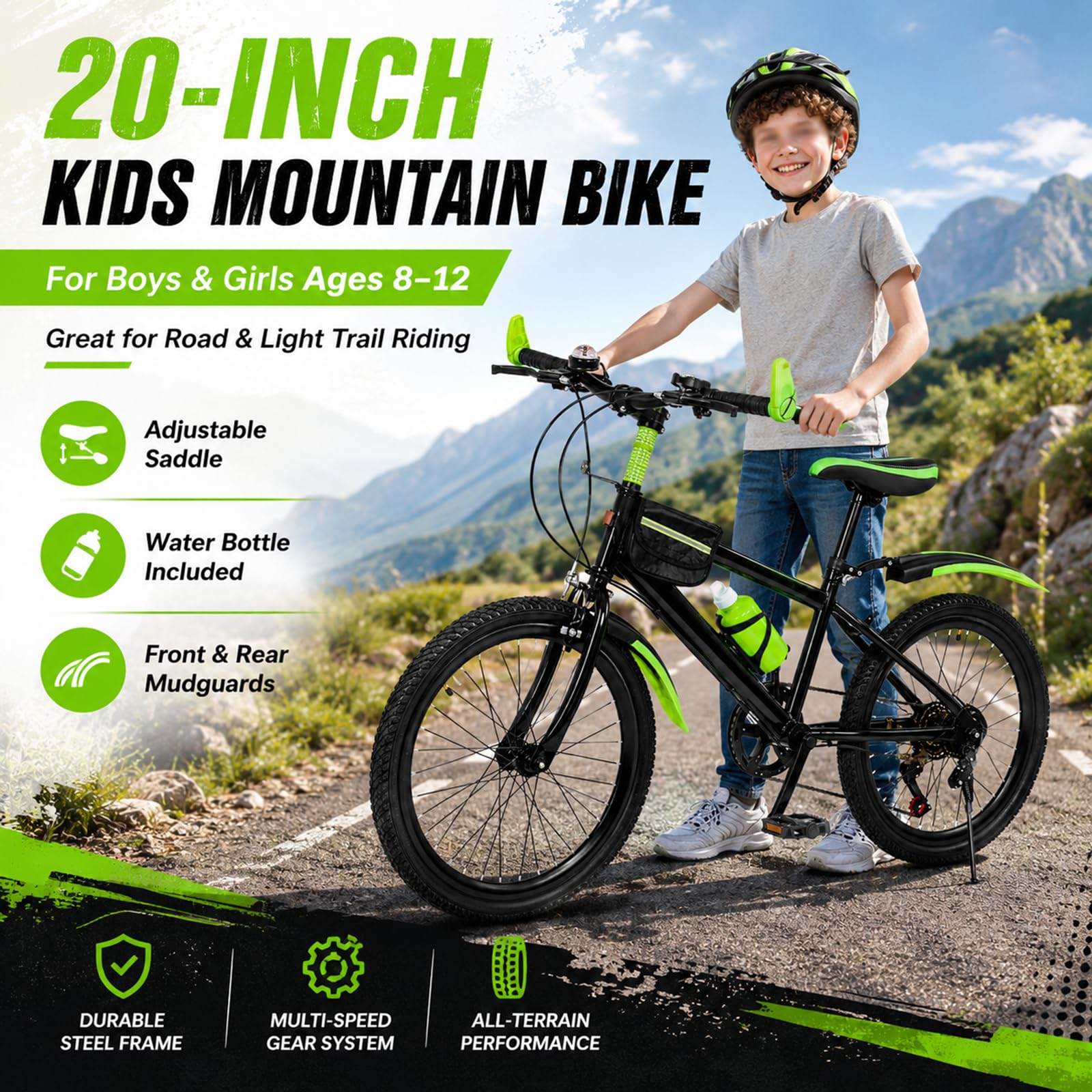 Vélo pour enfant de 20 pouces, VTT, vélo avec garde-boue, bouteille d'eau et clochette, cadre robuste en acier au carbone, pour garçons et filles de 8 à 12 ans, pour