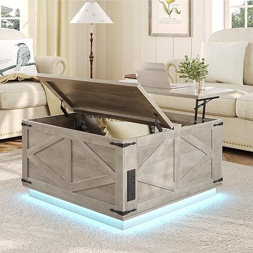 Lift Top Coffee Table, Farmhouse Coffee Table with Storage, Square Wood Center Table with LED Light, Charging Station and Hidden Compartment Coffee Tables Rustic Furniture for Living Room (Grey)