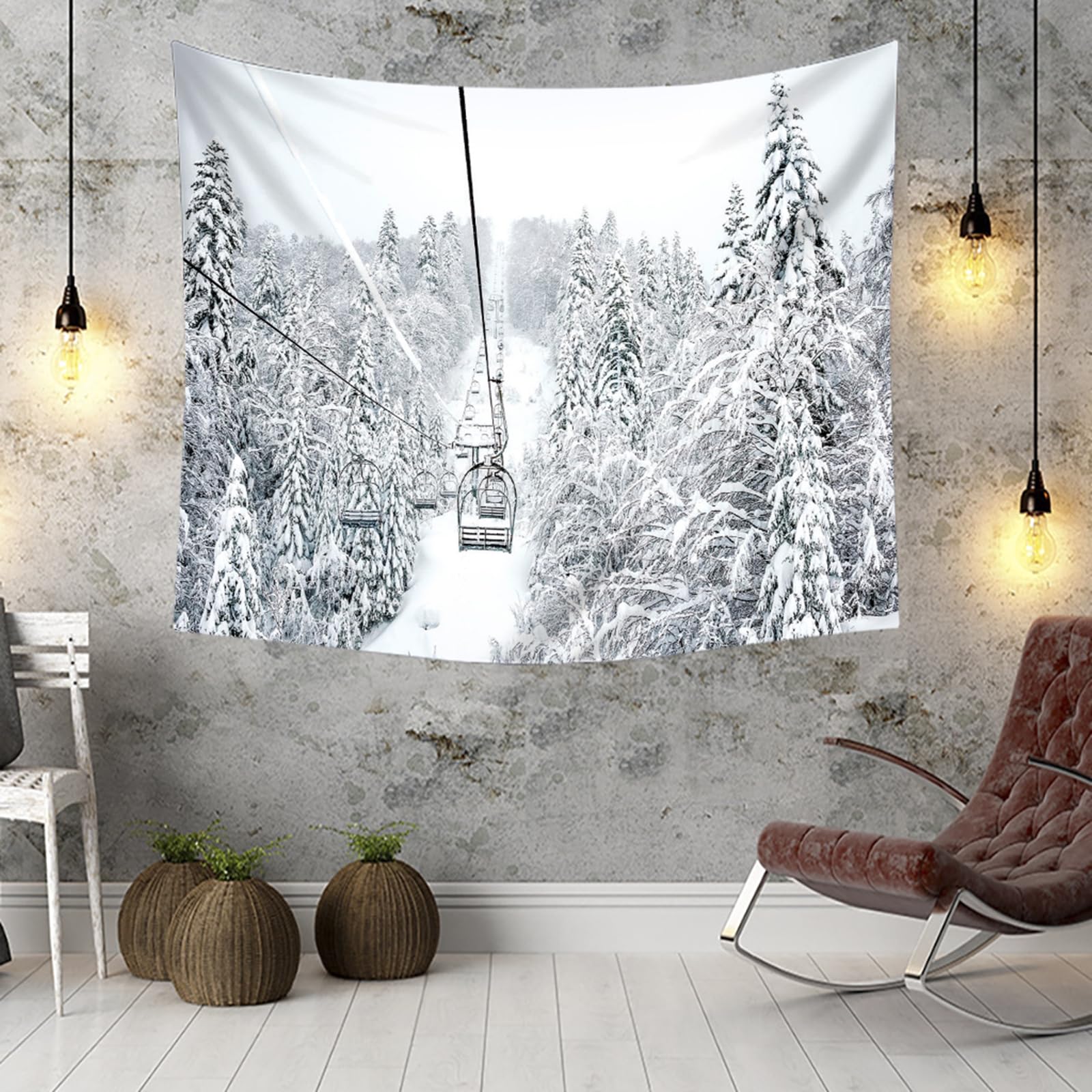 RDSGYZ Dywan ścienny do salonu, duży, 350 x 256 cm, zasłona ścienna do użytku na zewnątrz, motyw gór, lasu i kolejki linowej, dekoracja ścienna do pokoju dziecięcego, sypialni