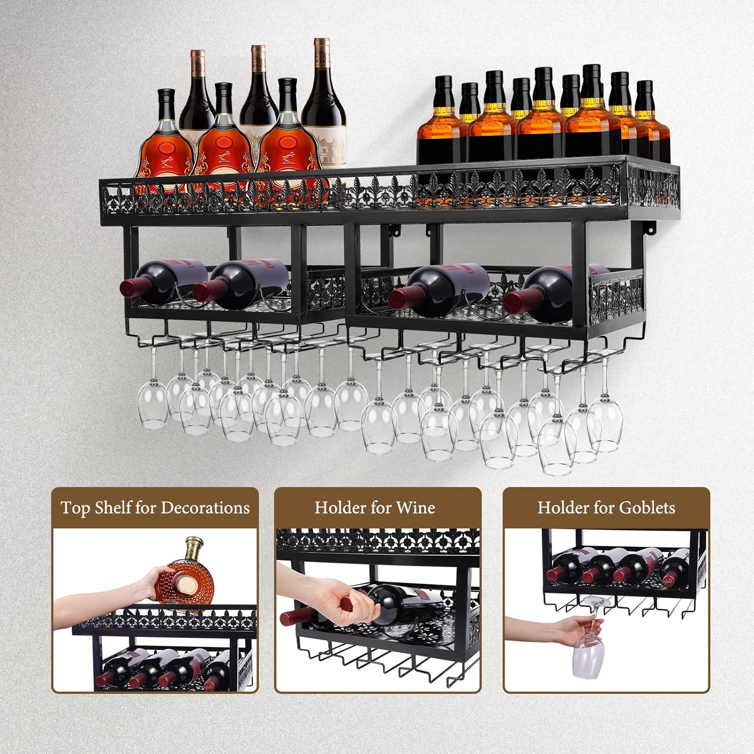 Industrial Wall Mounted Wine Rack Cabinet Upside Down for Wall, Liquor Bottle Display Shelf Bar Display Shelf Glass Holders Hanging Wall Wine Rack for 16-24 Wine Glasses