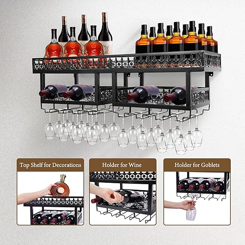 Miniatura 6 de Estante de vino industrial para colgar en la pared, incluye estante de pared para vino de 16 a 24 fundas para copas de vino (39.4 x 11.8 x 11.8