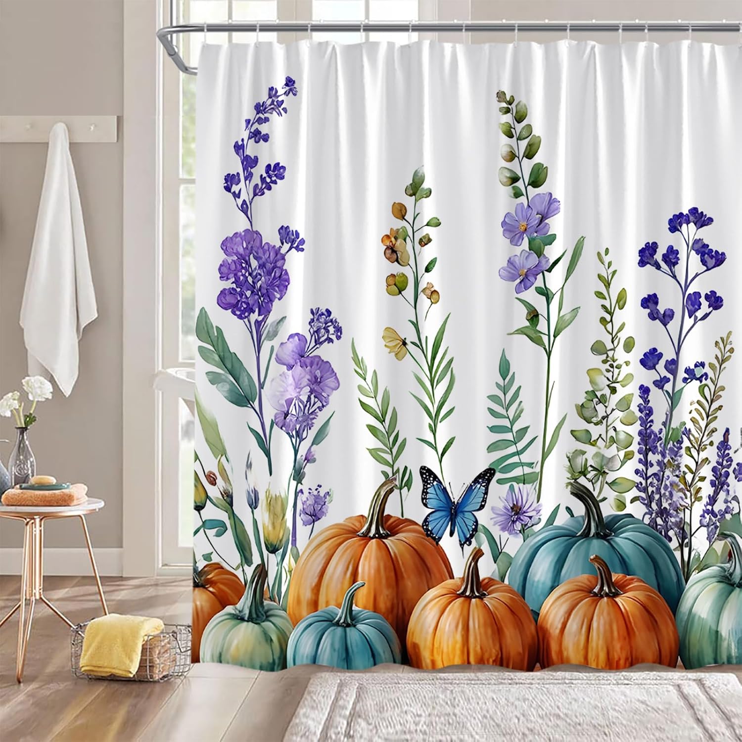 Fall Pumpkin Shower Curtain Purple Watercolor Floral Orange Blue Autumn Plant Pumpkin Butterfly Rustic 70" Wx84 H Fabric Bathroom Decor Curtain with Hooks