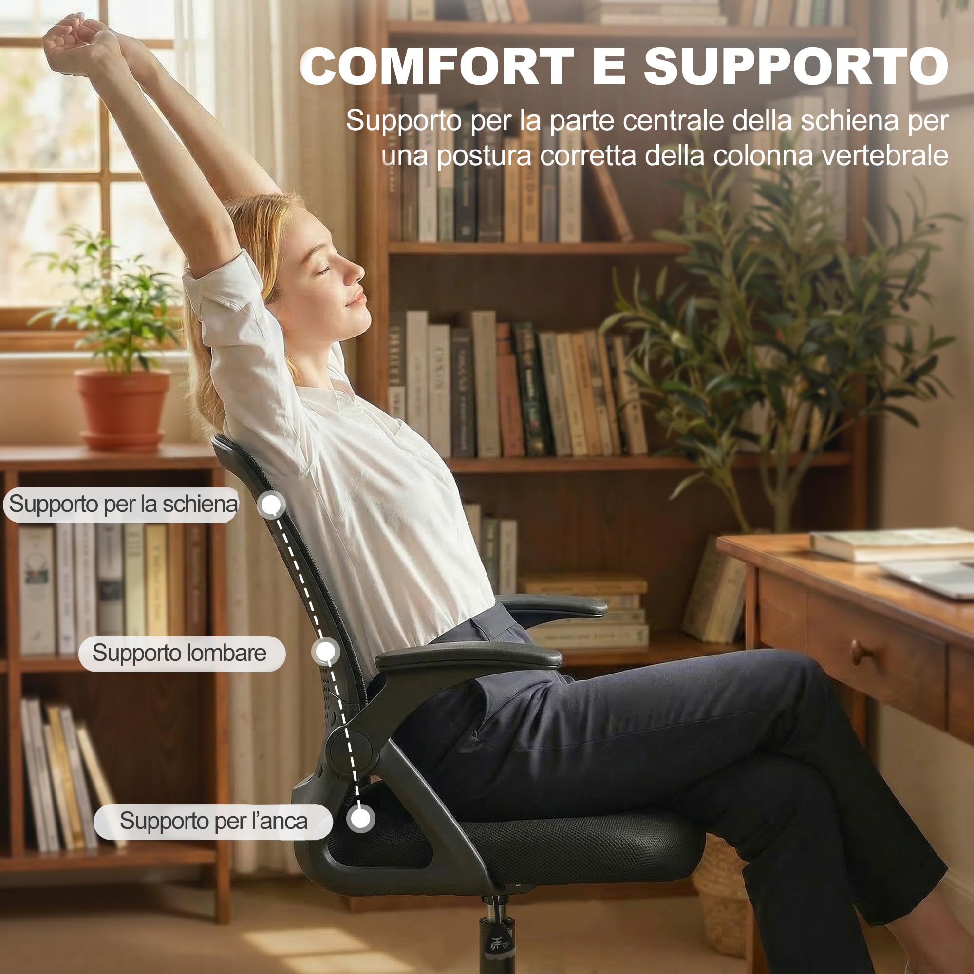 HOMCOM Sedia da Ufficio Ergonomica, Sedia a Rete Girevole 120kg Nero | Altezza e Anello Poggiapiedi Regolabile, Poltrona per Scrivania, Supporto Lombare, Braccioli Ribaltabili, Casa, Lavoro
