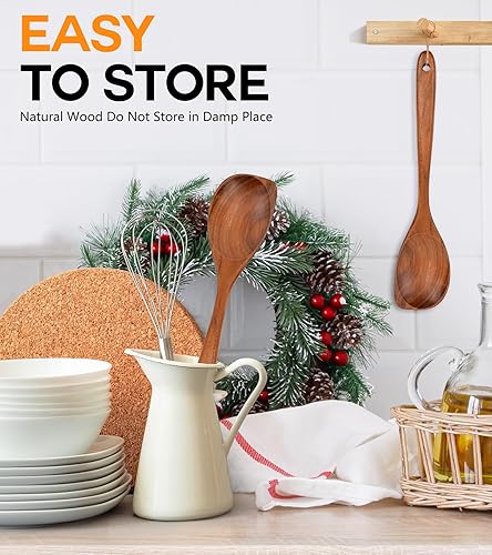 Miniatura 6 de Cucharas de madera para cocinar, cuchara de esquina de madera de teca natural de alta calidad, cucharas de madera grandes de buen agarre y espátula