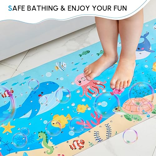 Miniatura 5 de Vannokor Tapete de baño para bebé antideslizante para niños, tapete de baño extra largo de 40 x 16 pulgadas con orificios de drenaje y ventosas,