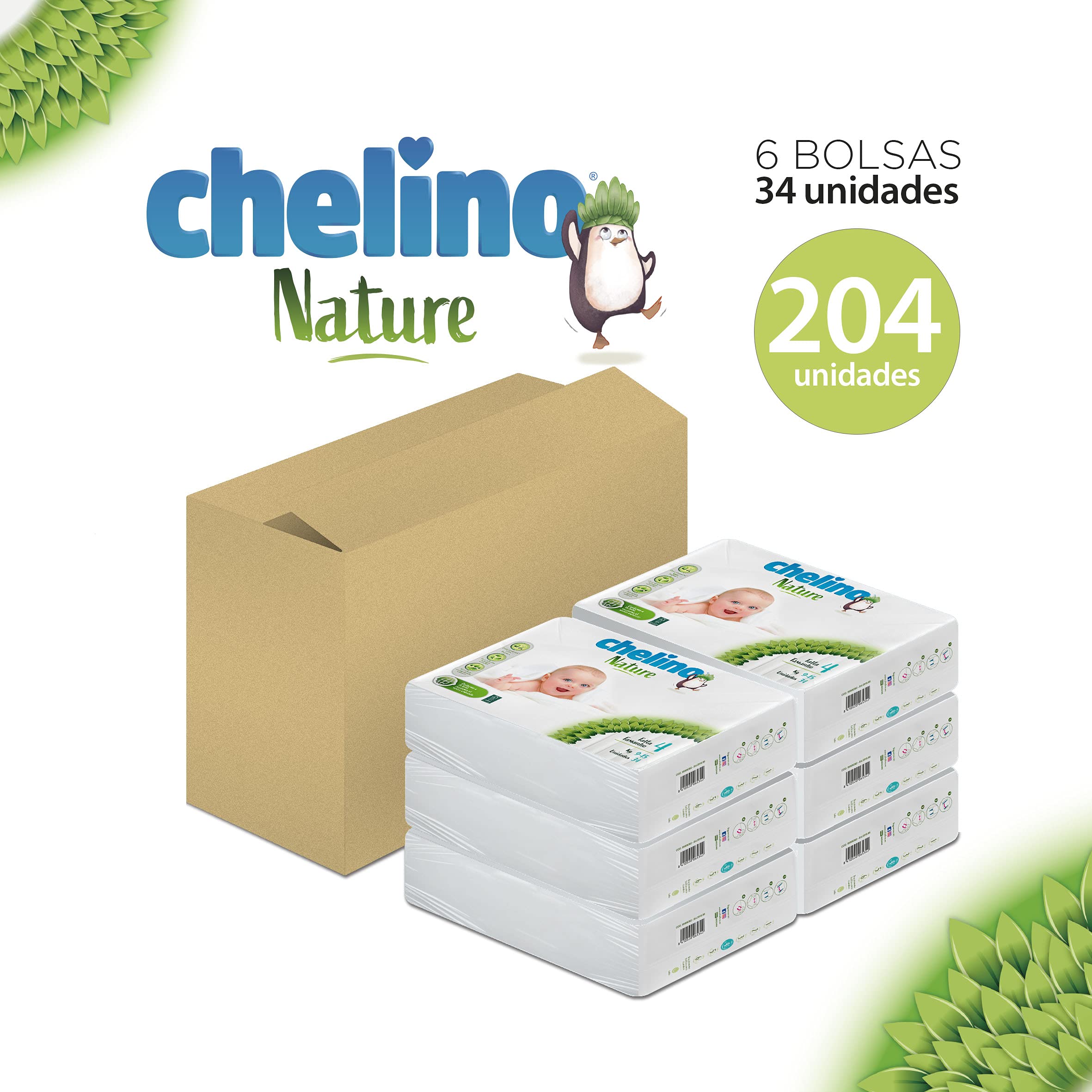 Chelino Nature Windeln für Kinder, Größe 4 (9-15 kg), 204 Windeln