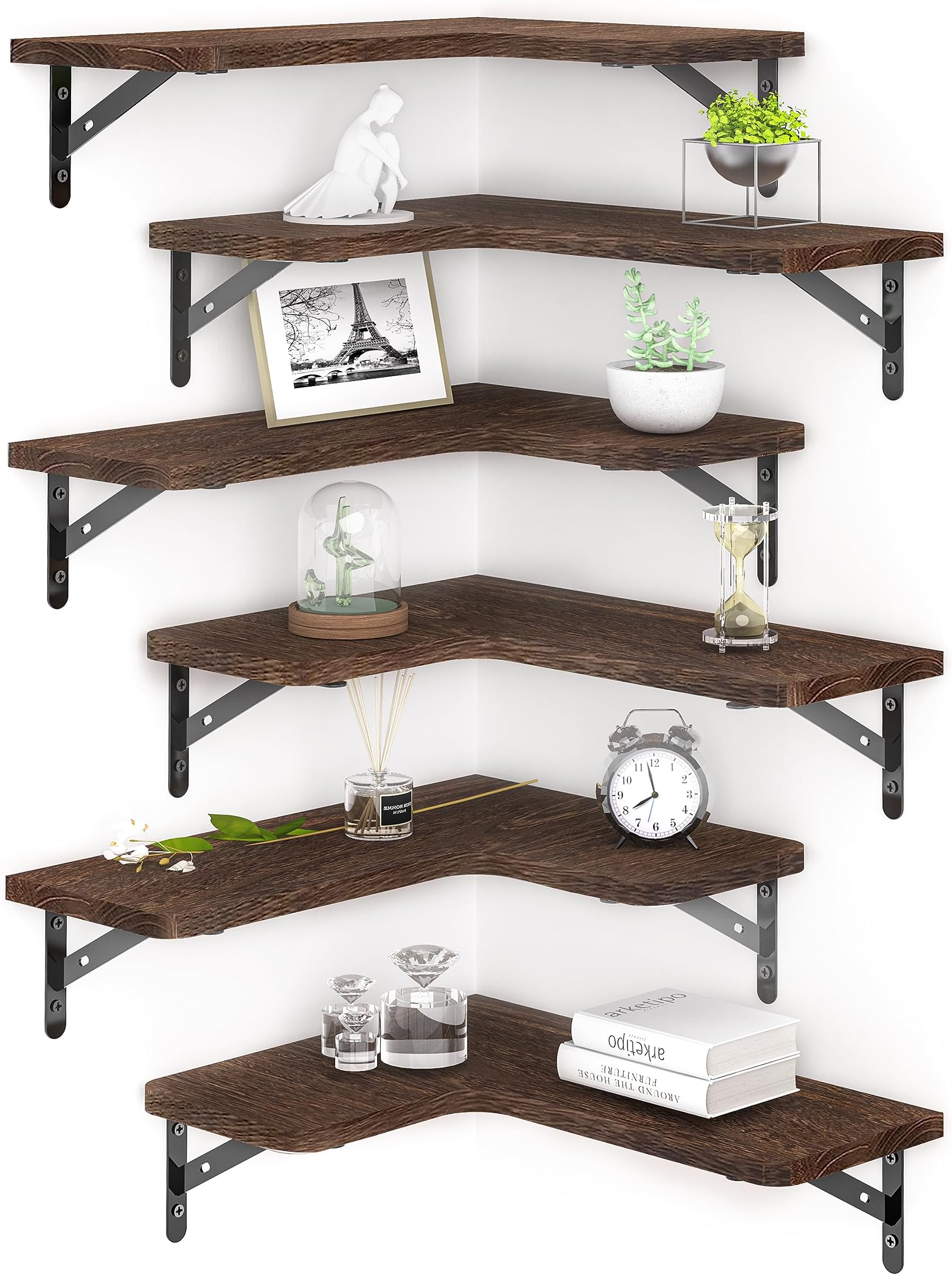 Vidivic 6 Pack Corner Floating Shelves, Wall Mounted Corner Shelf, Rustic Wood Wall Shelf for Bathroom, Bedroom, Office, Kitchen, Living Room, Storage & Decoration(Dark Carbonized Black)