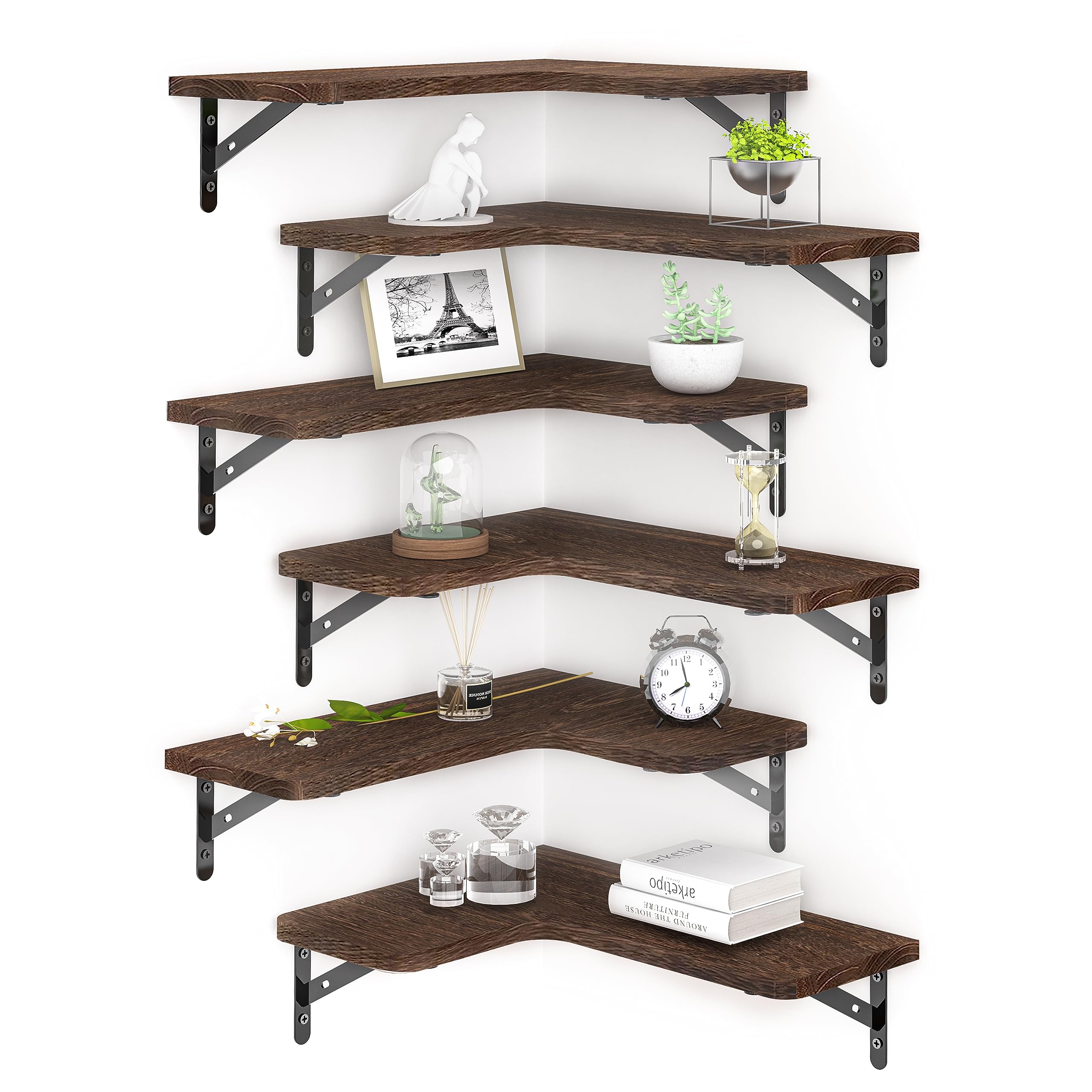 Vidivic 6 Pack Corner Floating Shelves, Wall Mounted Corner Shelf, Rustic Wood Wall Shelf for Bathroom, Bedroom, Office, Kitchen, Living Room, Storage & Decoration(Dark Carbonized Black)