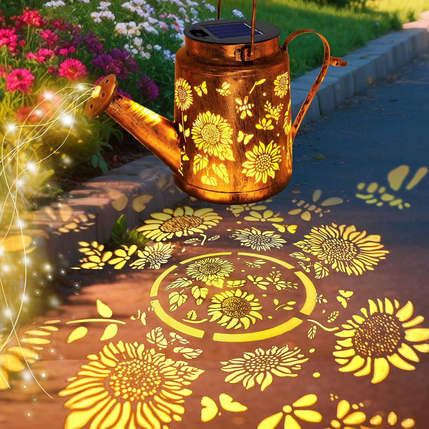 VOOKRY 2 Pack Sunflower Metal Solar Watering Can Lights, Solar Lights Outdoor Waterproof, Gifts for Women Mom Grandma Birthday, Hanging Lanterns Decorative Garden Decor for Outside Yard Patio Lawn