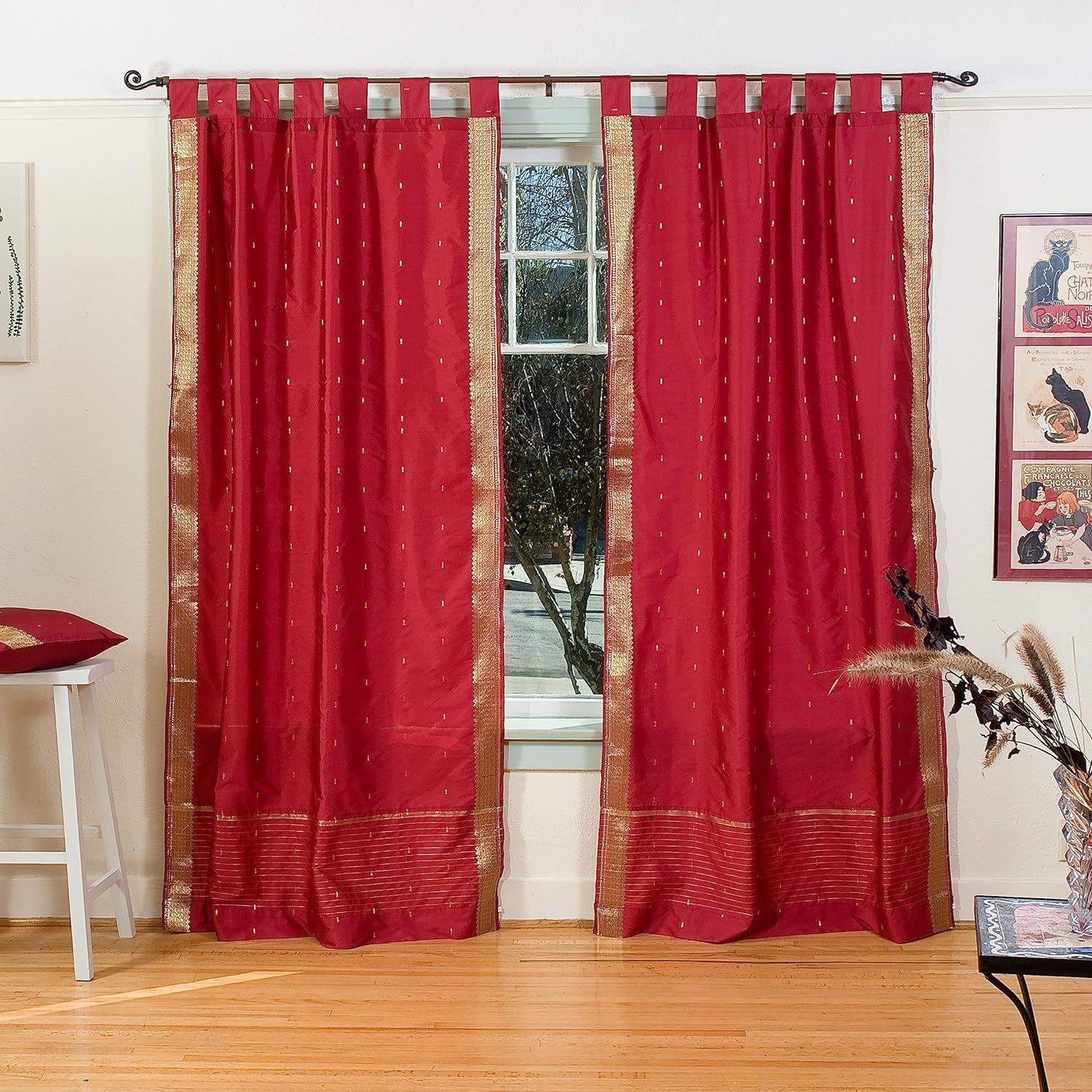 Indian Selections Lined-Maroon Tab Top Sheer Sari Curtain/Drape/Panel - 43W x 84L - Piece