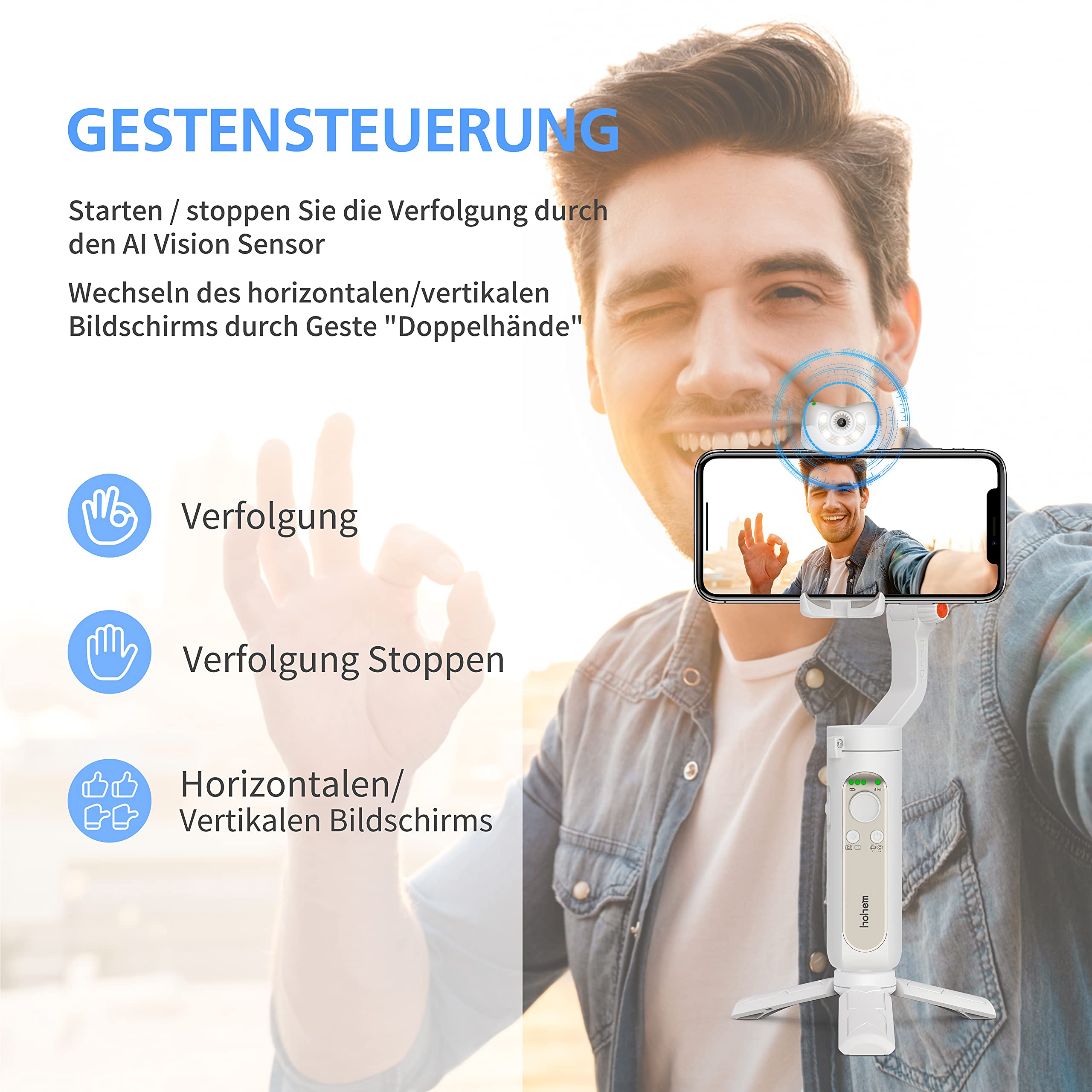 hohem Gimbal per smartphone, iSteady V2 Stabilizzatore per smartphone con gimbal a 3 assi, Gimbal con sensore visivo AI integrato, Power Bank di emergenza, Gimbal per telefono iPhone 15/14/13/12