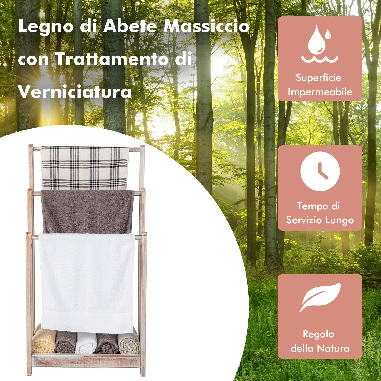 COSTWAY Portasciugamani in Legno da Terra, Porta Asciugamani a 3 Livelli con Mensola Inferiore, Dispositivo Anti-Ribaltamento, Supporto Leggero per Asciugamani da Bagno e Stanza Lavanderia (Bianco)