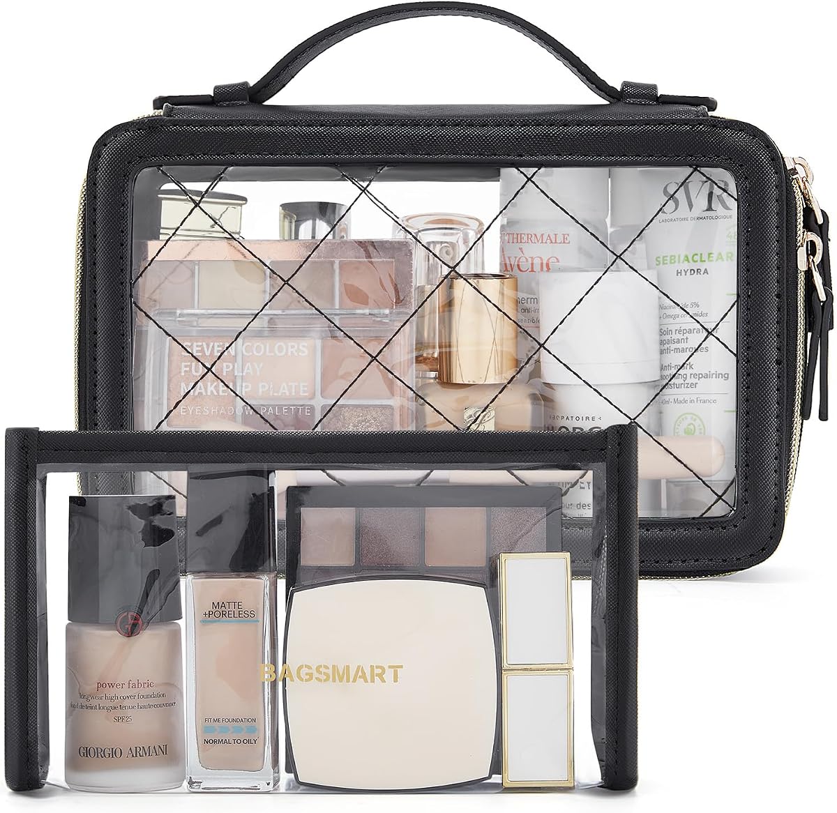 BAGSMART Clear Makeup Bag Set, TSA Approved Toiletry Bag, Clear Travel Bags for toiletries, Cosmetic Bags with Zipper, Makeup Organizer Bags Fit Carry-on Travel Essentials, Black