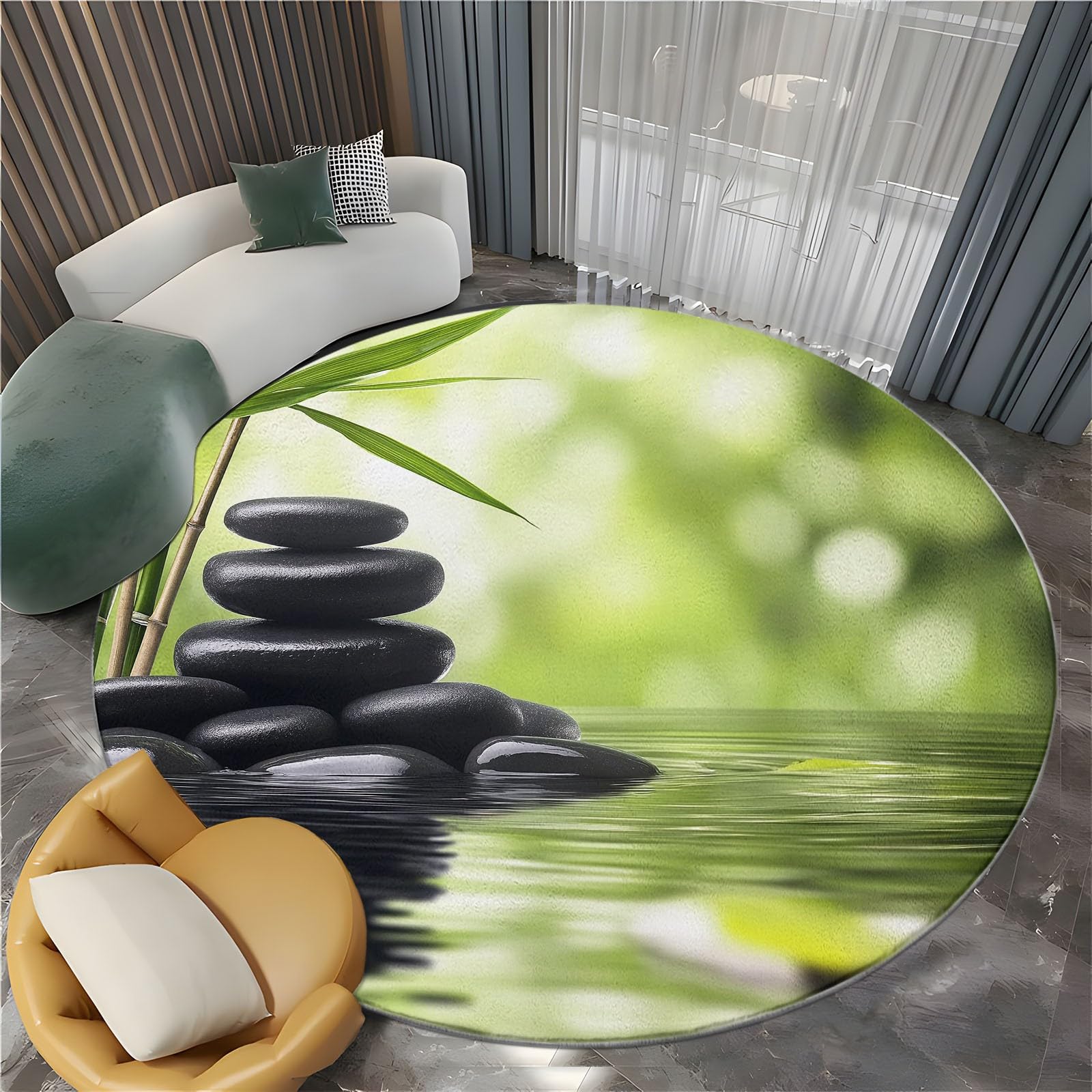 Tapis Rond de Sol 180 cm Plantes en Pierre Noire de méditation, Tapis Lavable imprimé atmosphère de méditation à Poils Courts - Moquette Coureur antidérapant Doux pour Salon Chambre Salle à Manger