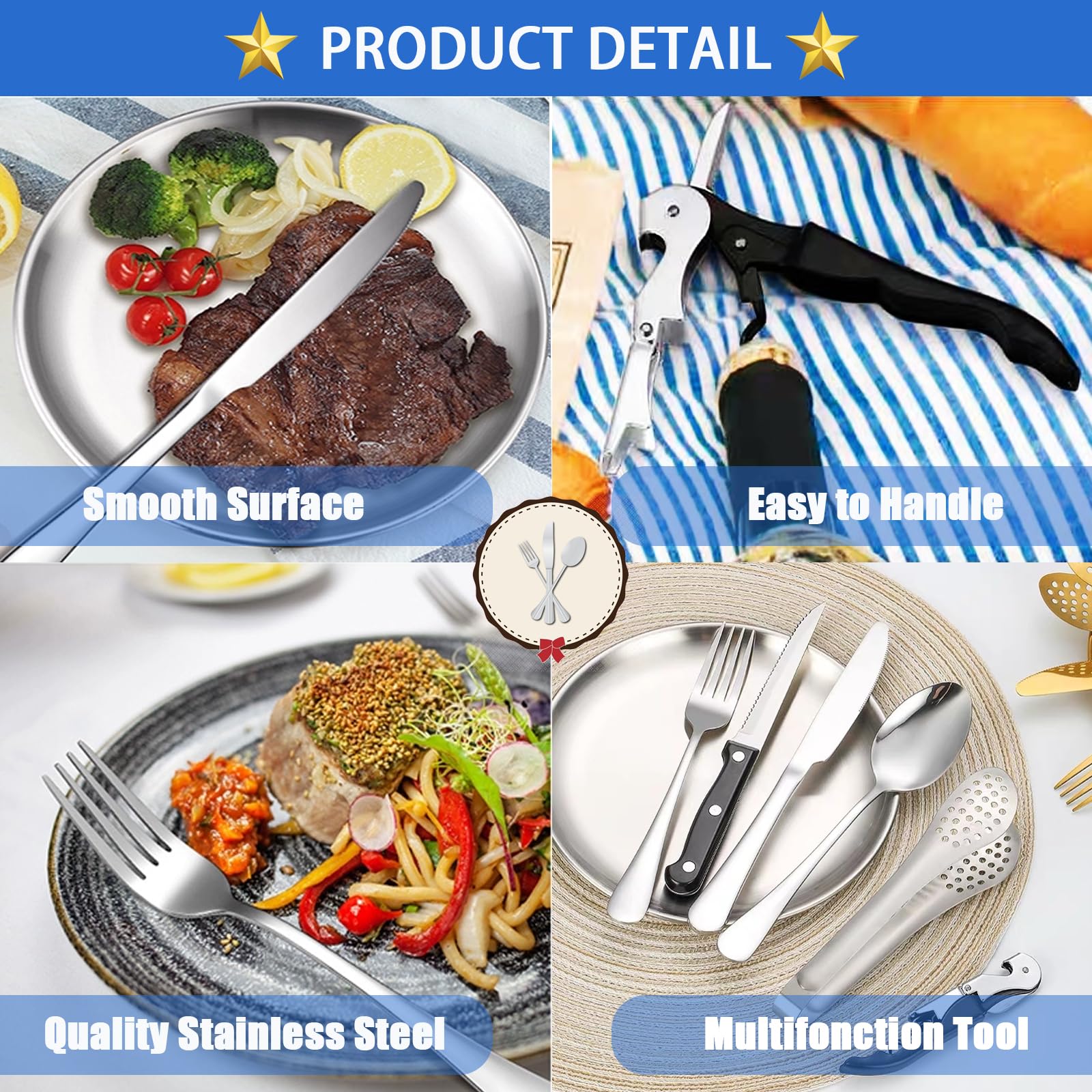 Set di stoviglie da campeggio per 4 persone, 20 posate da campeggio, 4 persone, in acciaio inox, posate da campeggio con cucchiaio, forchetta, coltello, piatto clip per campeggio, picnic,