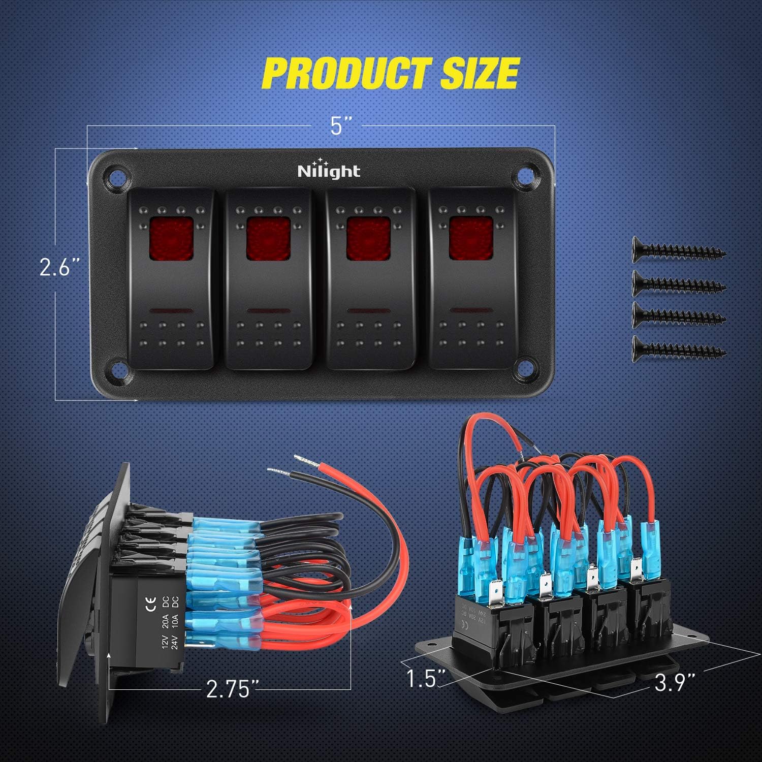 Nilight 4 Gang Rocker Switch Panel 12V Toggle Dash 5 Pin ON/Off Pre-Wired Rocker Switch Red Backlit Switch for Automotive Cars Marine Boats RVs : Automotive