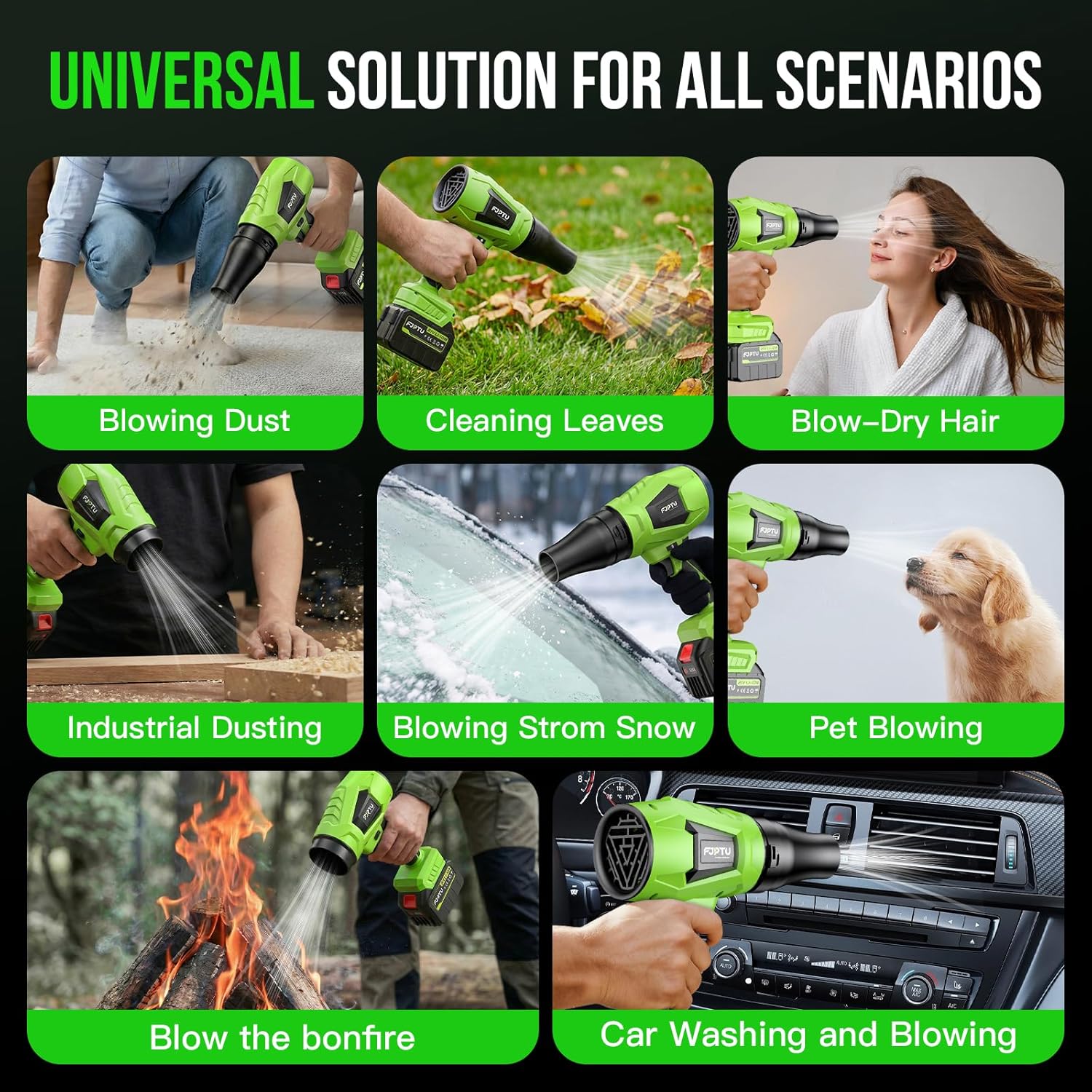 Leaf Blower Cordless 1000,000 RPM Handheld Lightweight Patio Cleaning Turbo Jet Blower Set Adjustable and Lockable Wind Speed Design with Battery and Charger Blowing Leaves and Dust Car Dryer(Green)