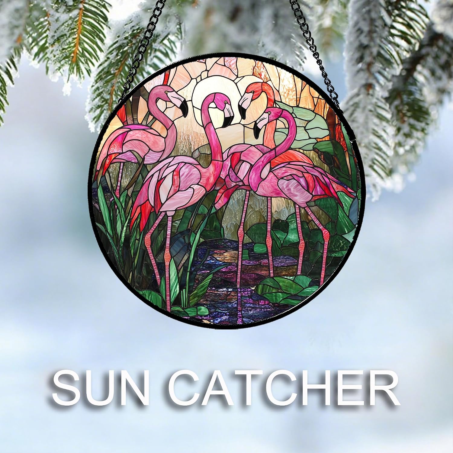 CHATYOUNG Stained Glass Window Hanging Pink Flamingo Large 11.8" - Birds Suncatcher Door Garden Home Decor and Christmas Mother's Day Birthday Gift for Grandma Mom Nana and Women Wife Bird Lover