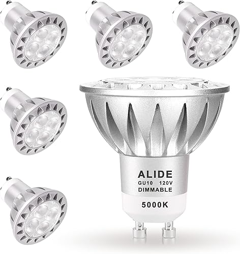 ALIDE Bombilla LED GU10 de aluminio 5000 K regulable, reemplaza GU10 50W halógeno, AC120V GU10 2 clavijas base 5 W LED bombillas de pista, 450