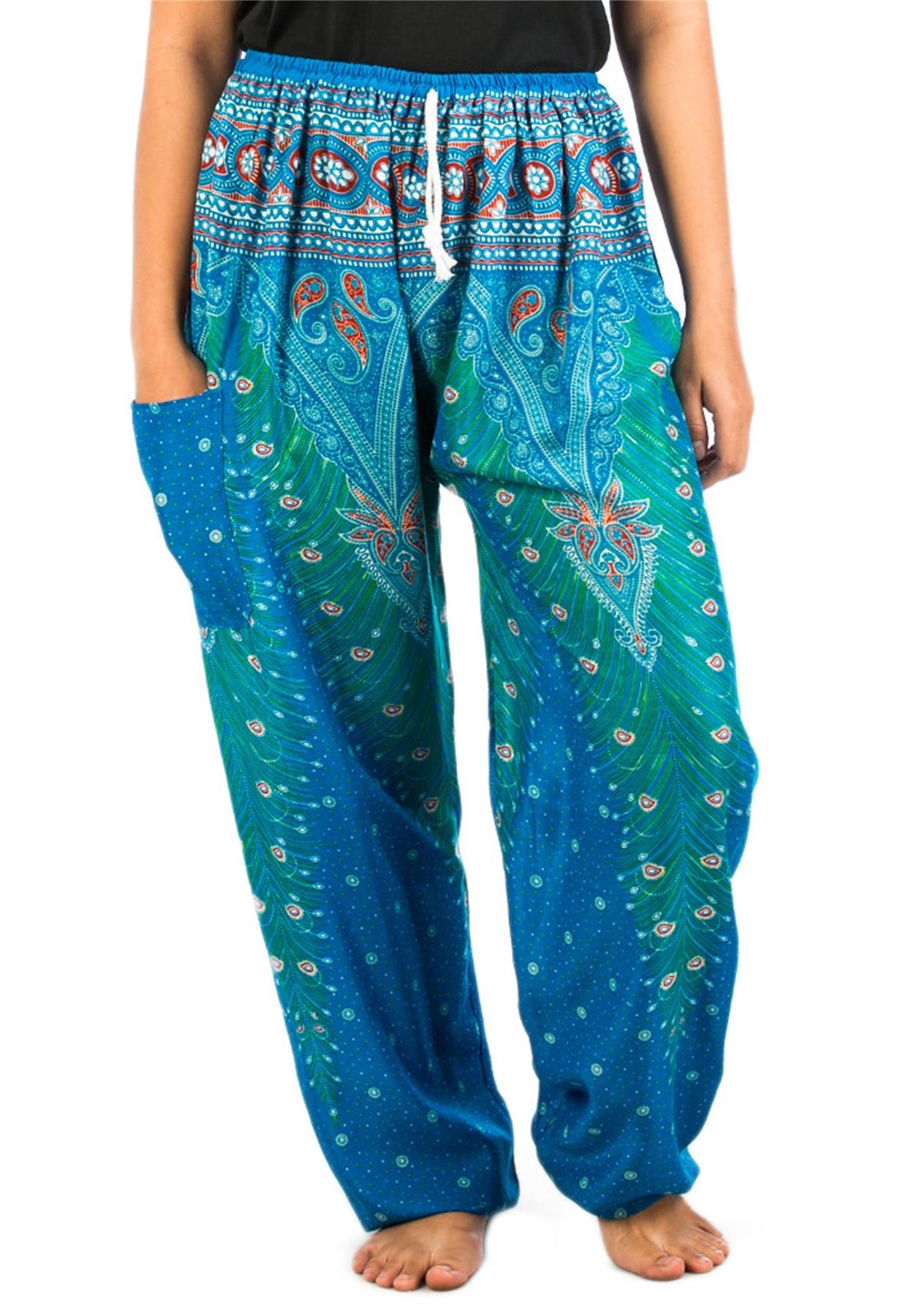 Lofbaz Women's Peacock 1 Light Blue Peacock 1 Drawstring Harem Boho Pants Light Blue 4XL