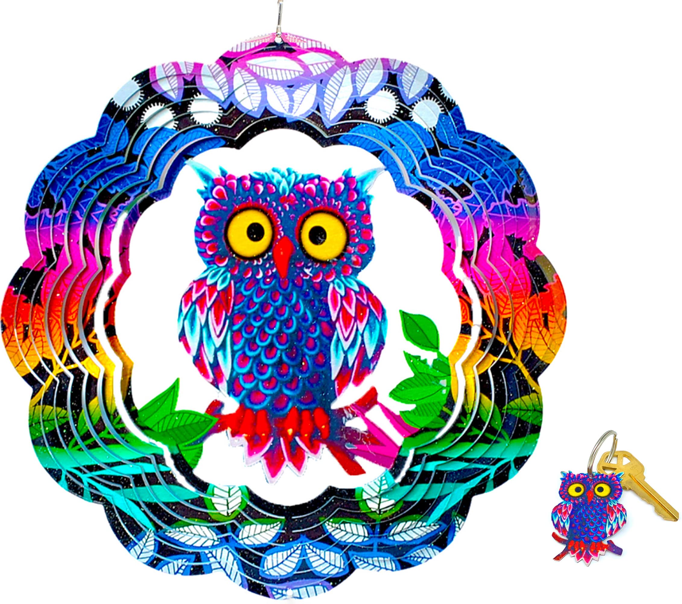 Skybella Wind Spinners - Owl Wind Spinner with Bonus Keychain Pendant. 12 inch Wind Spinner. Hanging Wind Spinners for Yard and Garden. Outdoor Hanging Decorations