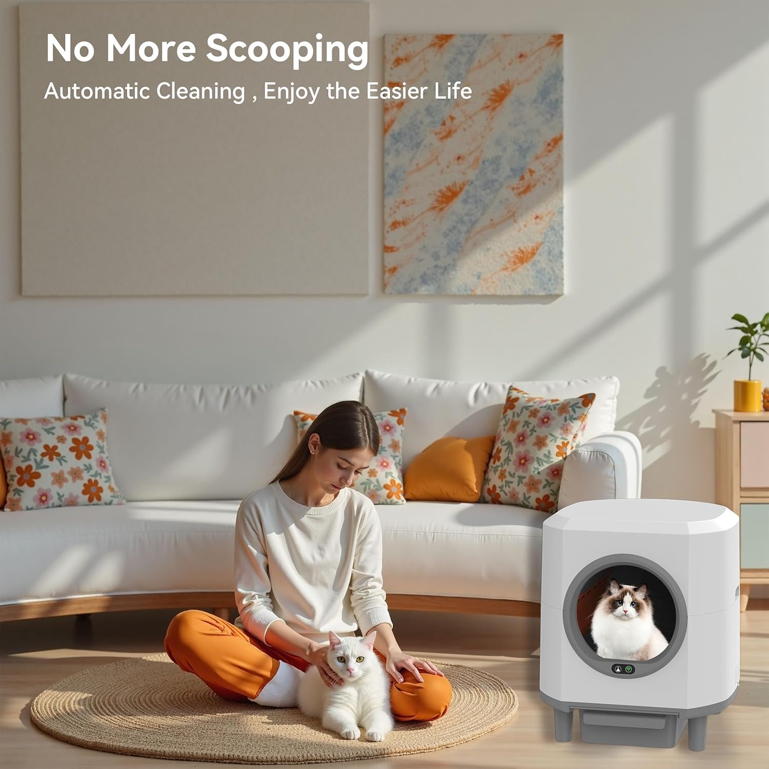 Self Cleaning Litter Box,90L Automatic Cat Litter Box Self Cleaning App-Controlled,Dual Safety Protection,1 Rolls Garbage Bags,White