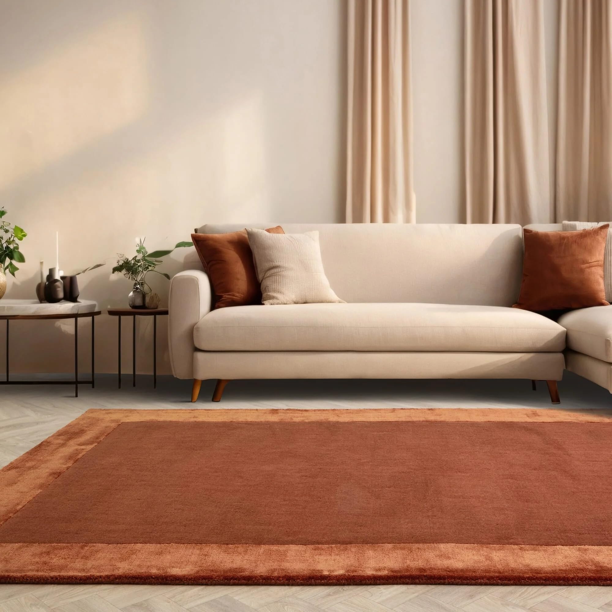 Lord of Rugs Eaton Rug for Living Room Bedroom Soft Wool Plain Hand Woven High Shine Viscose Bordered Rug Rust Orange Medium 120x170 cm (4'x5'6")
