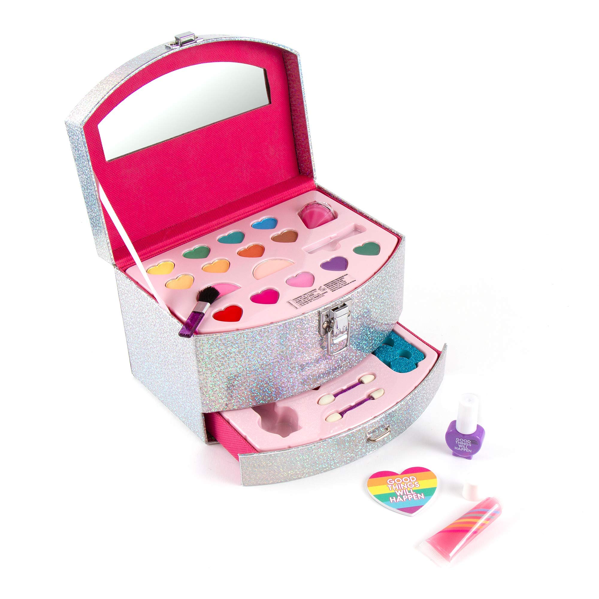 Three Cheers for Girls - Rainbow Bright Large Cosmetic Case - Makeup for Girls - Makeup Kit Includes Train Case with Eyeshadow, Lip Gloss, Blush, Nail Polish, Nail File, Toe Separator & Makeup Brushes