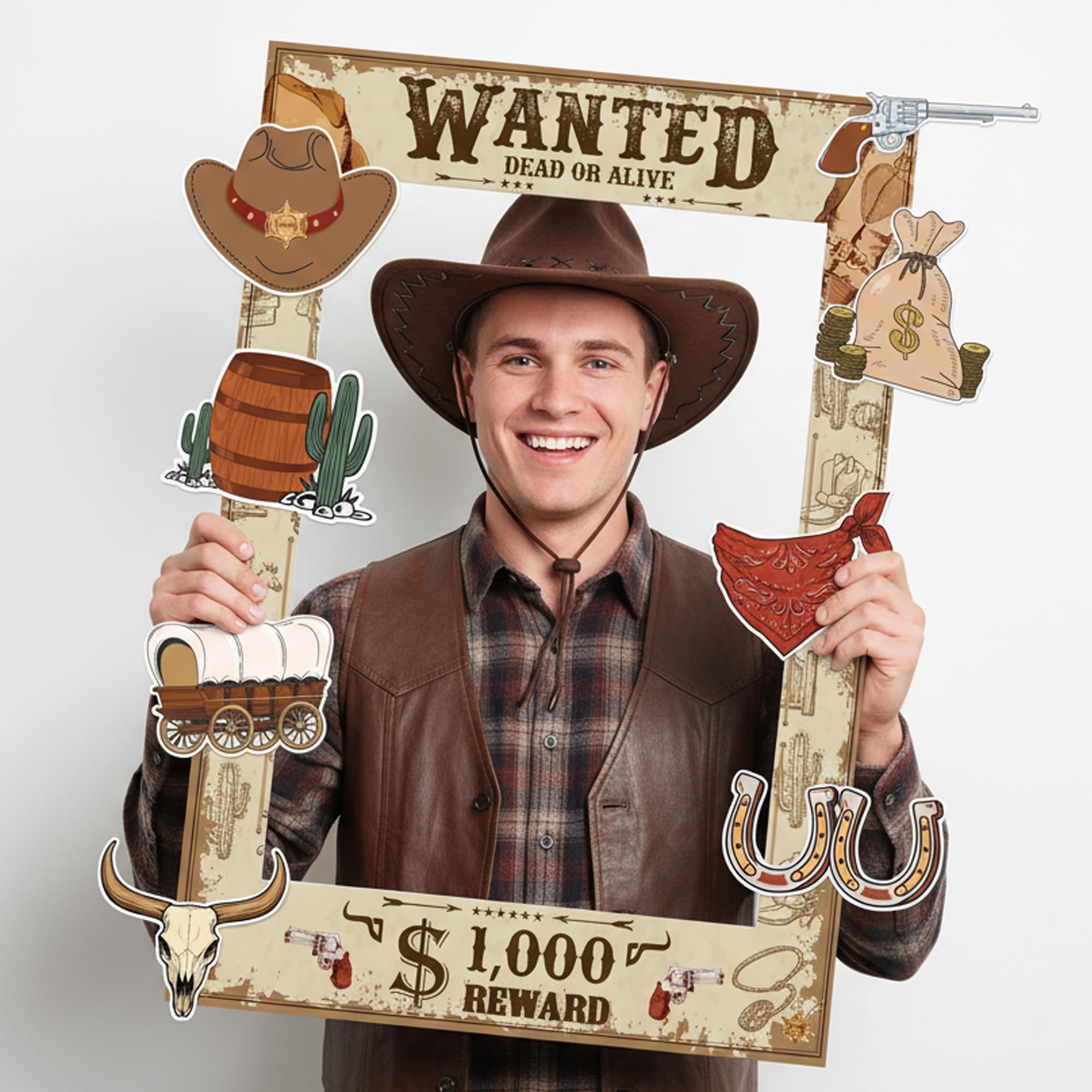 Wild West Photo Booth Props - Brown Wanted Poster Photo Frame Set with Cowboy Props, Western Party Decorations for Birthday, Saloon Theme, Rodeo Country Party Supplies (60x40 cm)