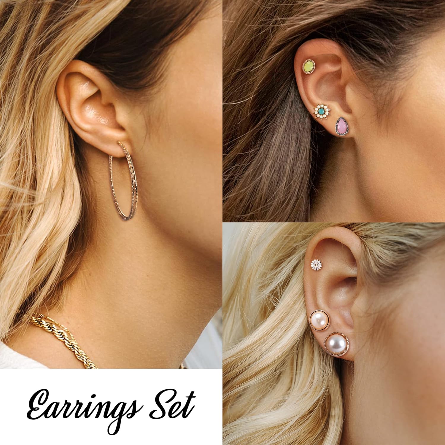 LOYALLOOK 61-63 Pairs Assorted Multiple Stud Earrings for Women Simple Cute Flower Big Hoop Earrings Moon Geometric Leaf Arrow Bow CZ Ball Heart Faux Pearl Earrings Set - Image 9