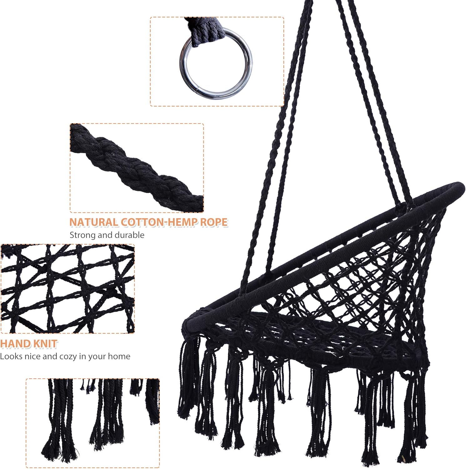 Hammock Chair Macrame Swing Max 330 Lbs Hanging Cotton Rope Hammock Swing Chair for Indoor and Outdoor