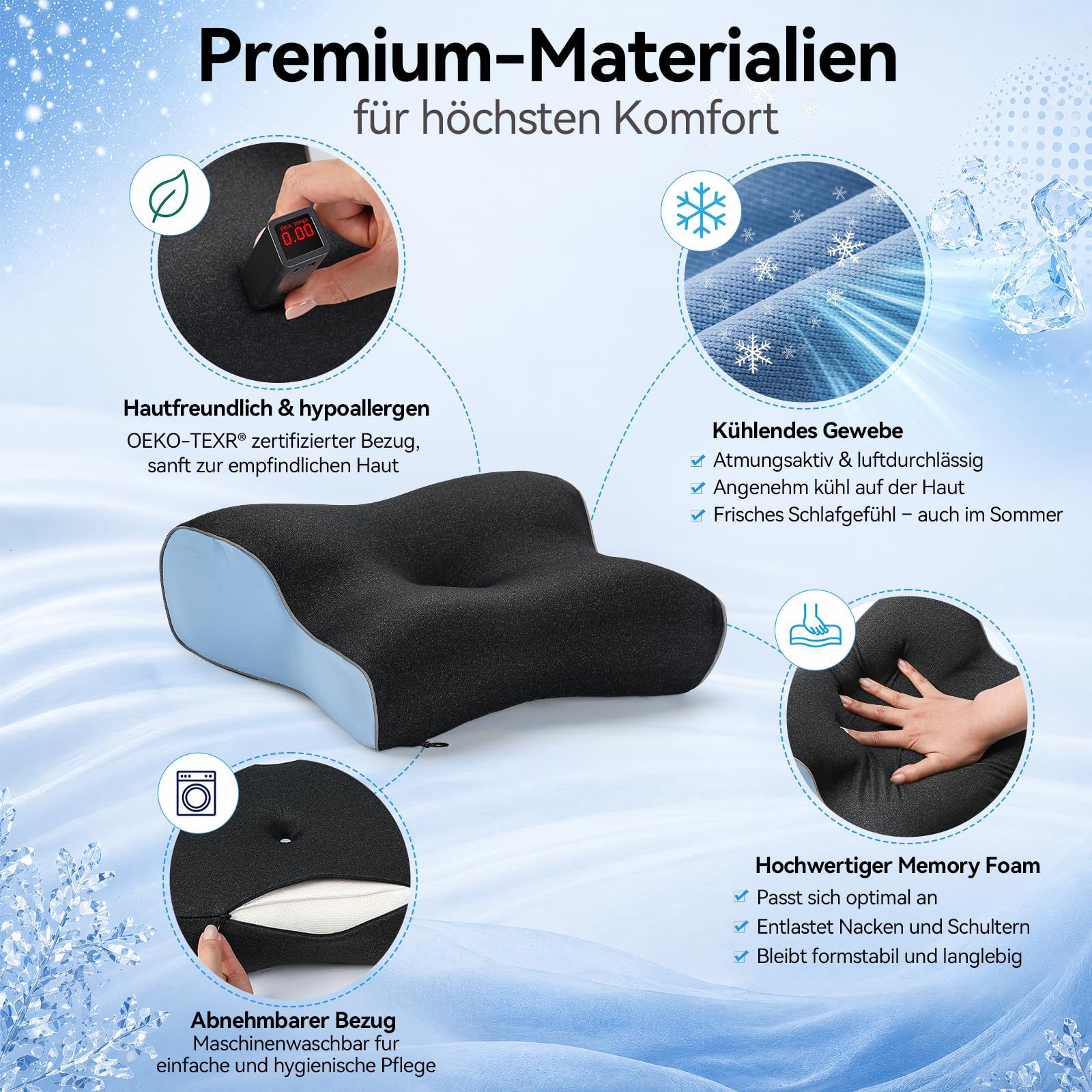 Cuscino da Viaggio in Memory Foam, Compatto Cuscino Campeggio per Dotato di Federa Rinfrescante, Cuscinos Cervicale Ergonomico per Camper, Tenda, Attività all'Aperto e Viaggi di Lavoro