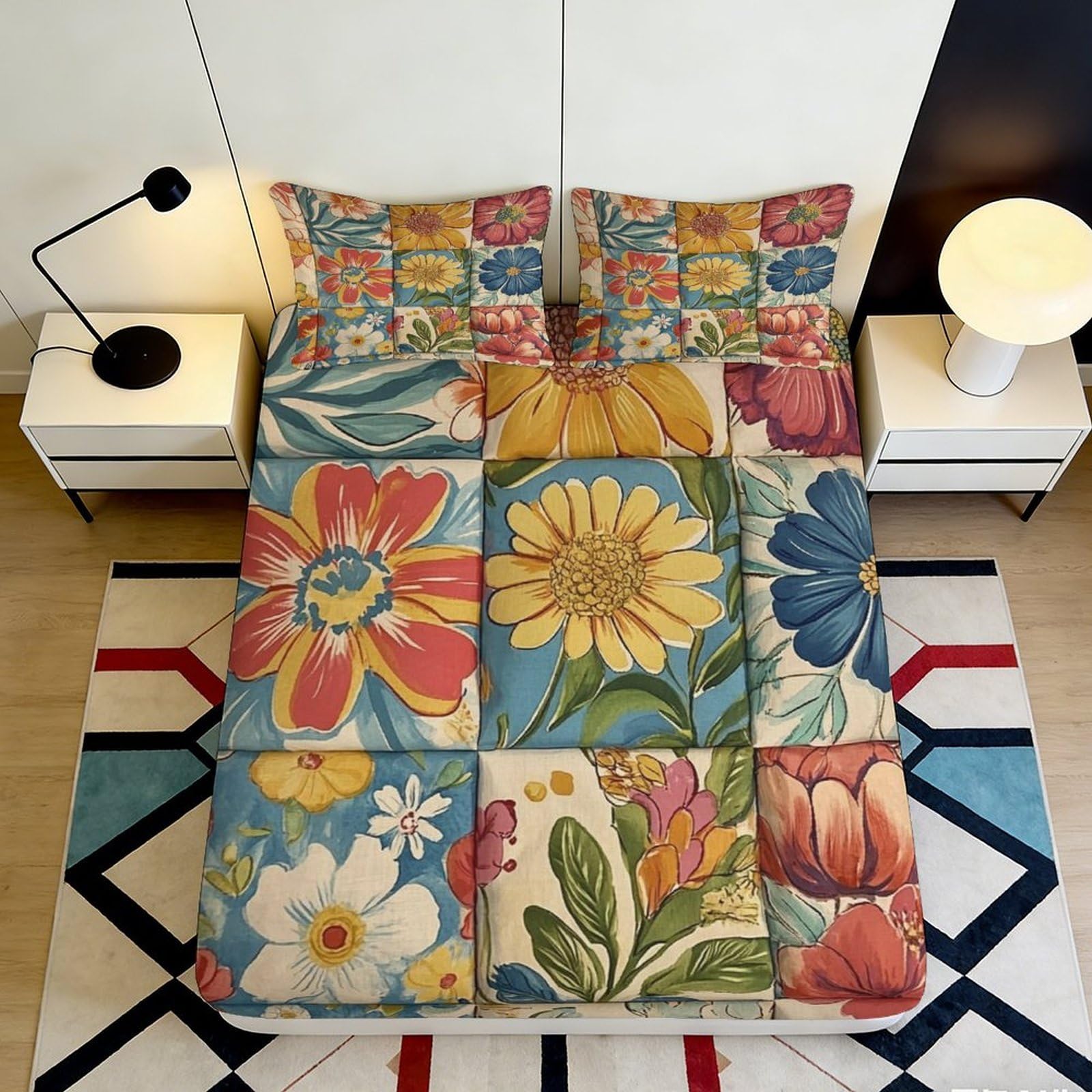 3D Printed Floral Patchwork Fitted Sheet Microfiber Vibrant Botanical Bed Cover for Bedroom Guest Room Mattress Protection 90x200x25cm