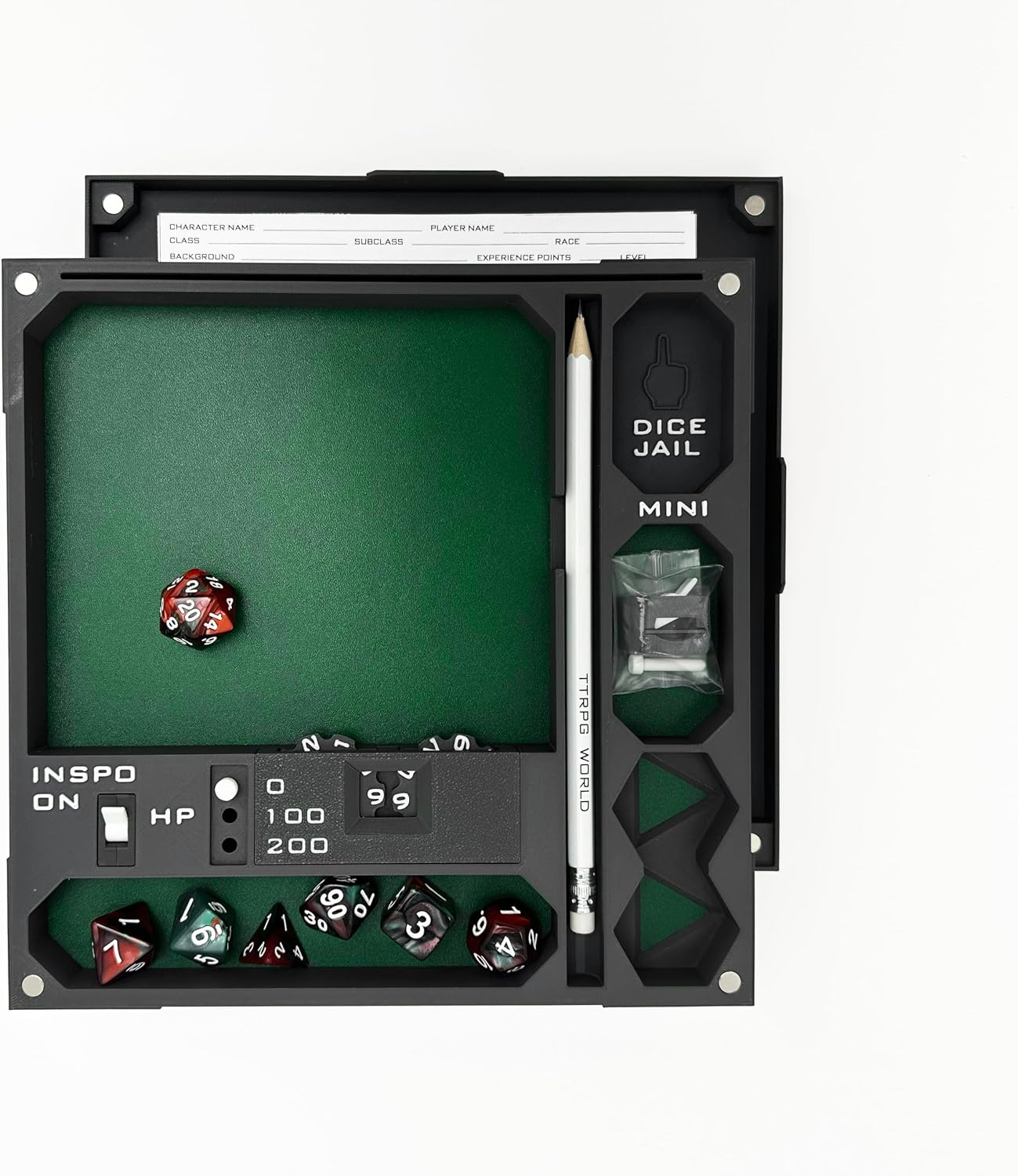 All-in-One Dice Tray No Tower by TTRPG World - Magnetic Modular Organizer for 5E & d20 RPGs with Soft Lining, Tower, Mini Holder, Sheets & Mystery Dice Set