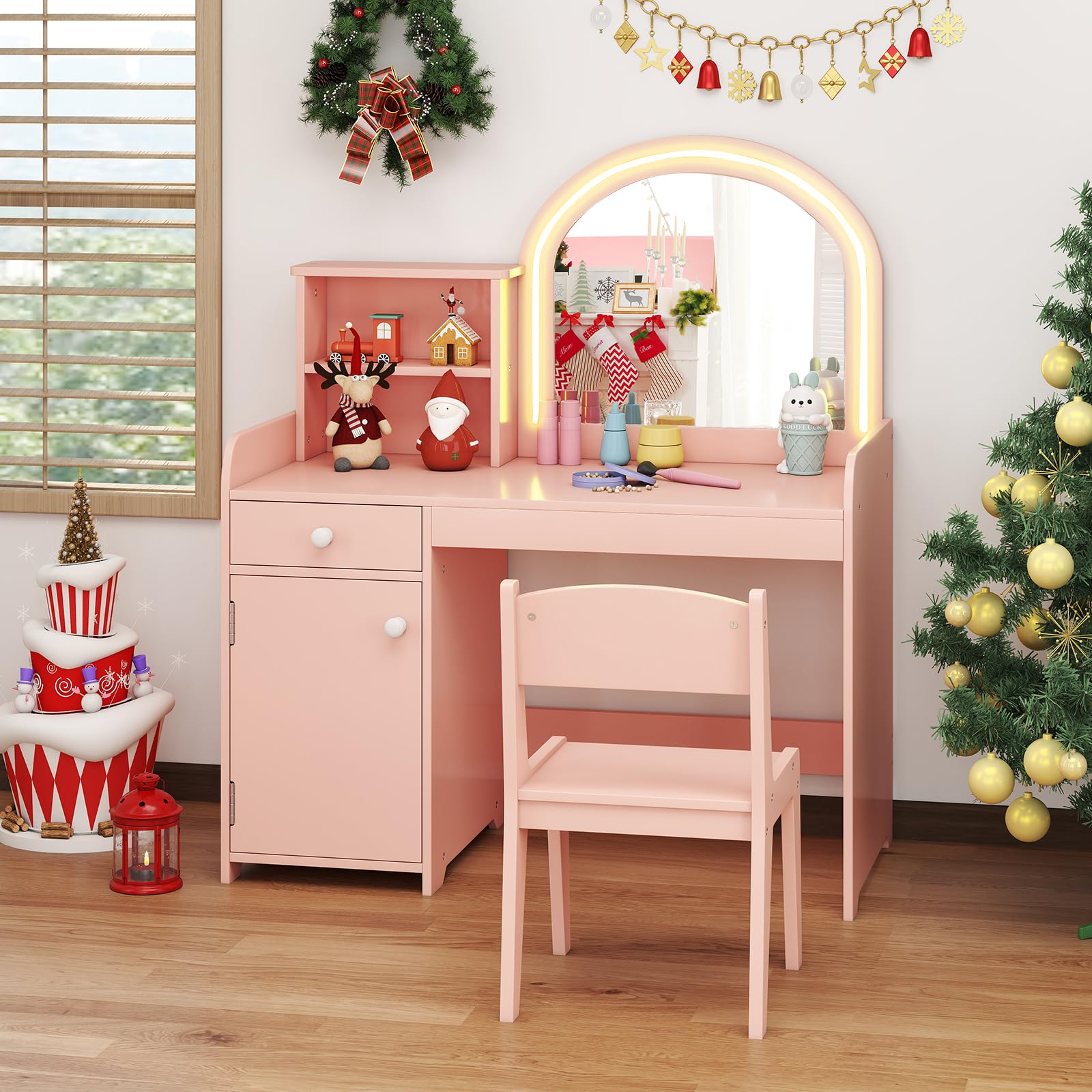 COSTWAY Toeletta Trucco 2 in 1 per Bambina, Specchiera per Ragazza in Legno con Mensole, Cassetto, Ripiani e Luci LED Regolabile, Postazione Trucco per 3 Anni, 80 x 40 x 94 cm (Rosa Chiaro)