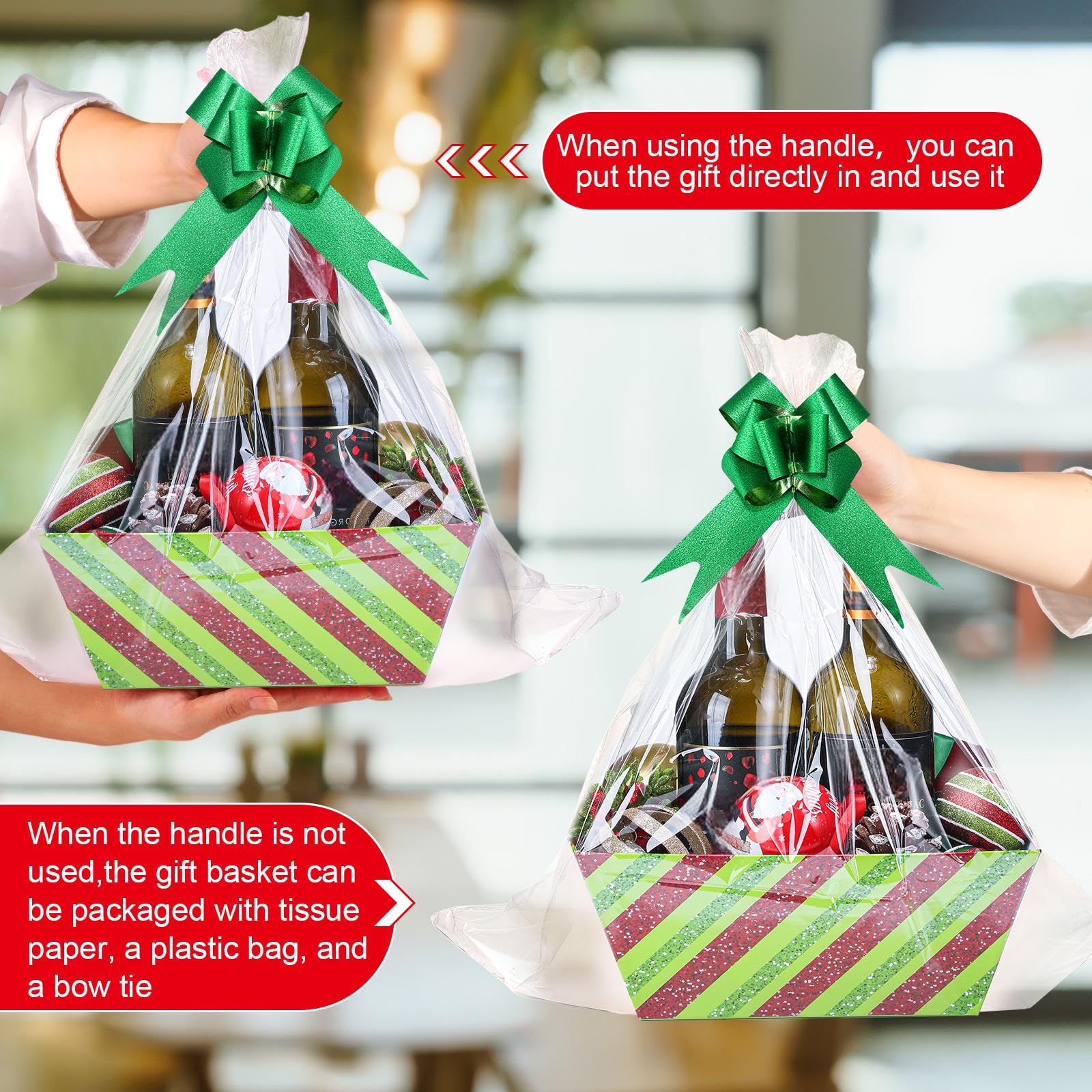 Yeaqee 36 cestas vacías de regalo de Navidad de 8 x 10 pulgadas, 12 unidades, color rojo y verde, con lazos verdes, a granel, caja de regalo de Navidad para Navidad, vacaciones, bodas, aniversarios,