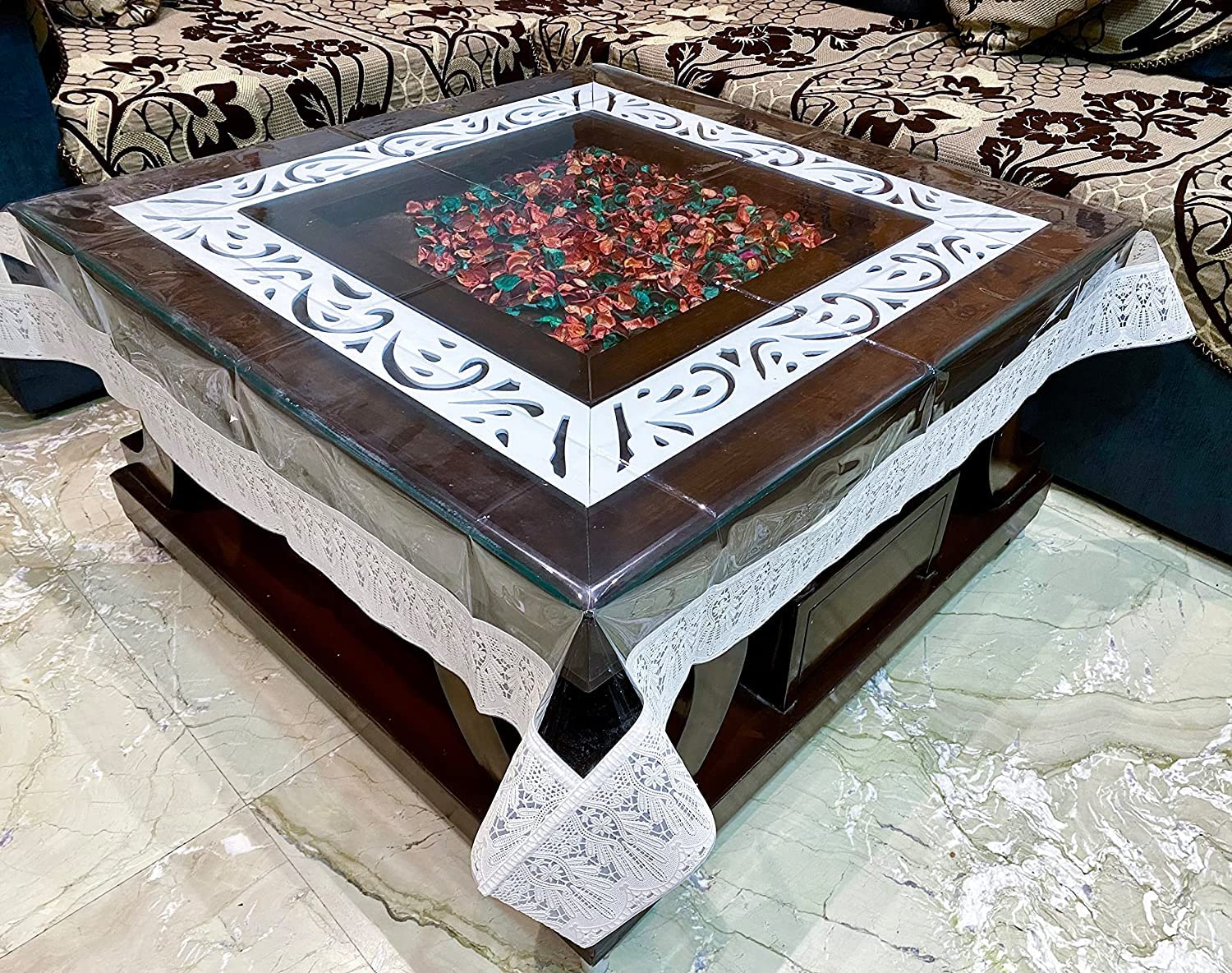 Decor Square Waterproof Centre Table Cover 48"x48" – Stylish Plastic Table Cover with Cream Lace Border, Durable, Designer Table Cover-image-28