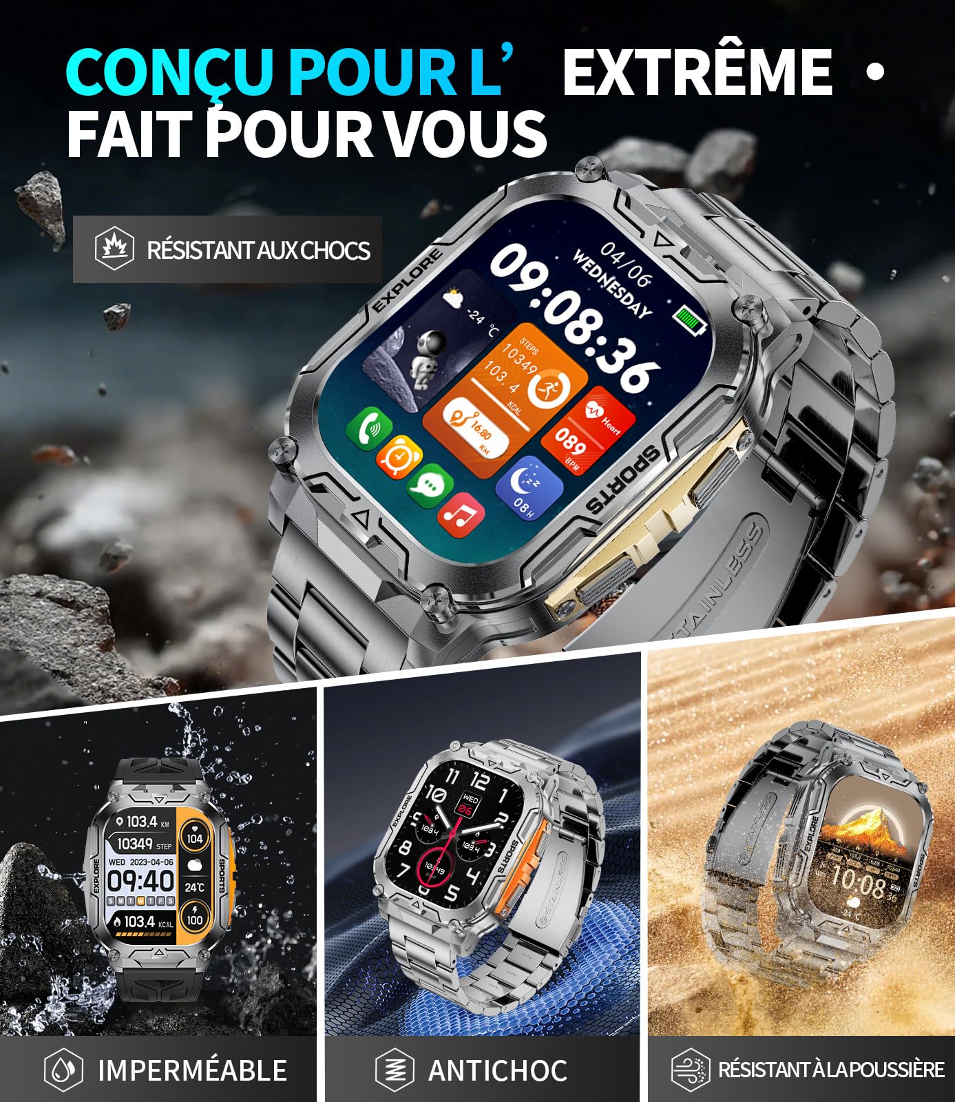 Montre Connectée Homme avec 1000 mAh,2.01'HD Grand Écran Fitness Tracker avec Sommeil/Fréquence Cardiaque,Podomètre,IP68 étanche Sport Smartwatch Homme pour Android iOS (Argenté)