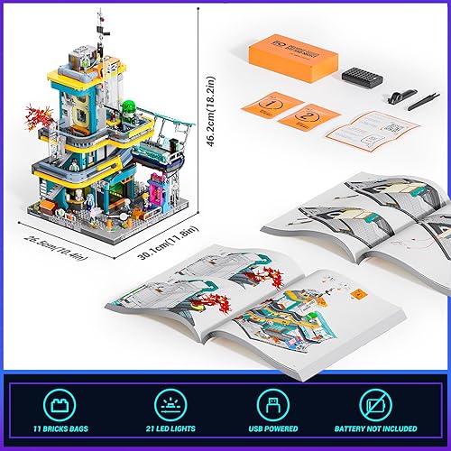 Miniatura 6 de FUNWHOLE Cyberpunk Mansion Lighting Building-Bricks Set - 2524 Pcs Future City Modular Buildings Set Display Idea for Adults and Sci-fi Lovers