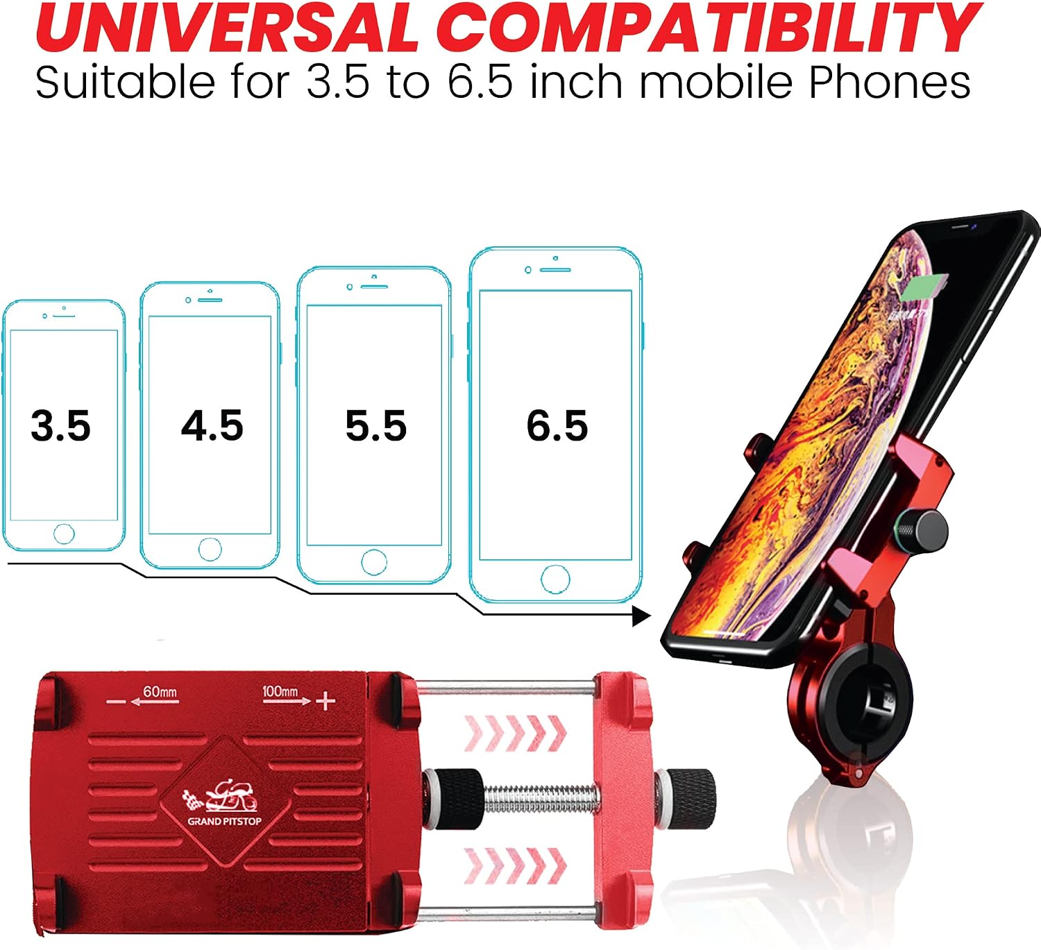 GRAND PITSTOP Camera Friendly Motorcycle Phone Holder Mount Handlebar Clamp, Bicycle Scooter Phone Clip, Compatible for iPhone 15 Pro Max, 14 13 Mini, 4.5~7" Wide Phones (Red)