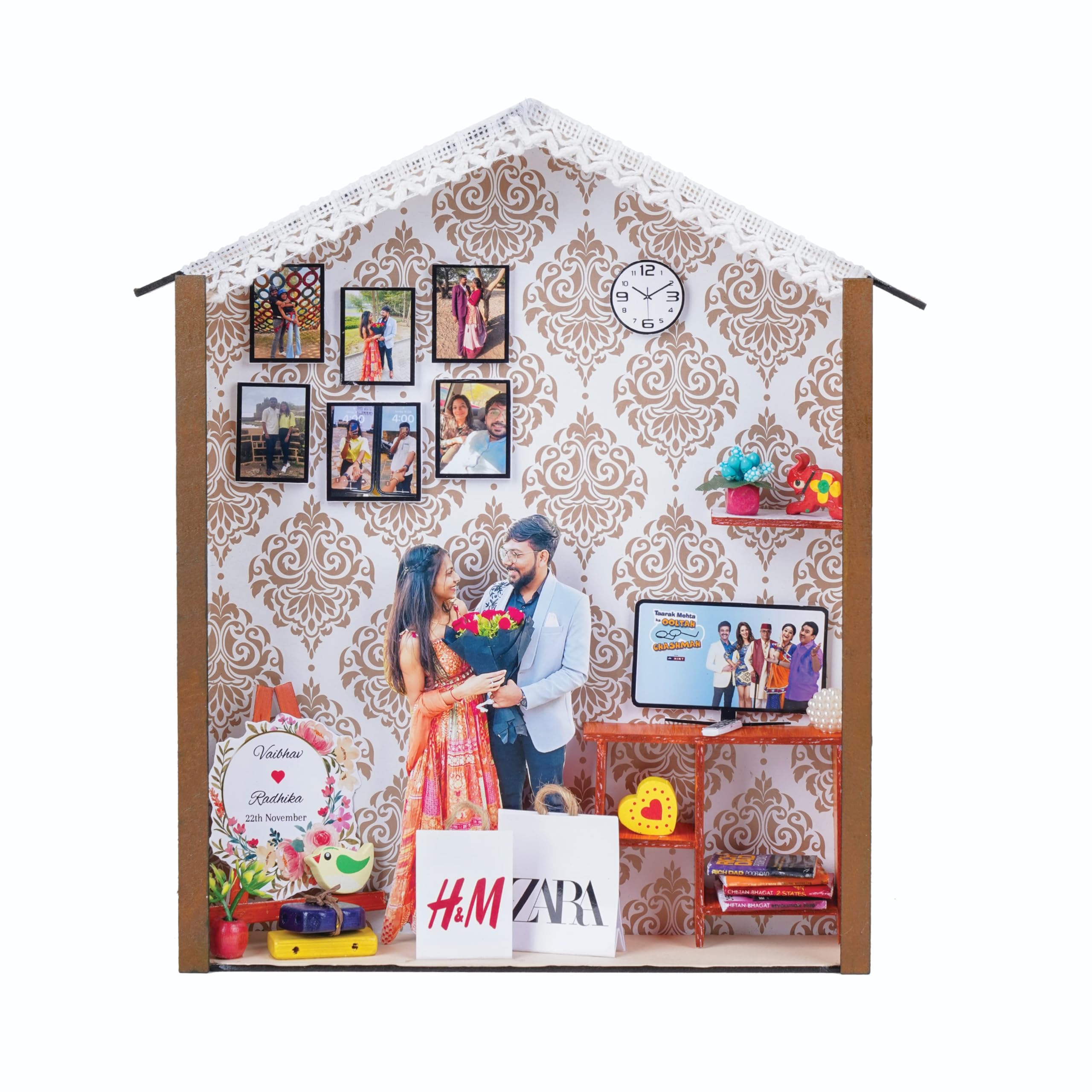 PRASA ART Unique Wooden House Shape Wall Mount Customised 3D Photo Frame Multicolour Theme | Trending Gift For Birthday, Anniversary, Couple Gift, Mom - Dad (share order id & Photos - 9099180972)