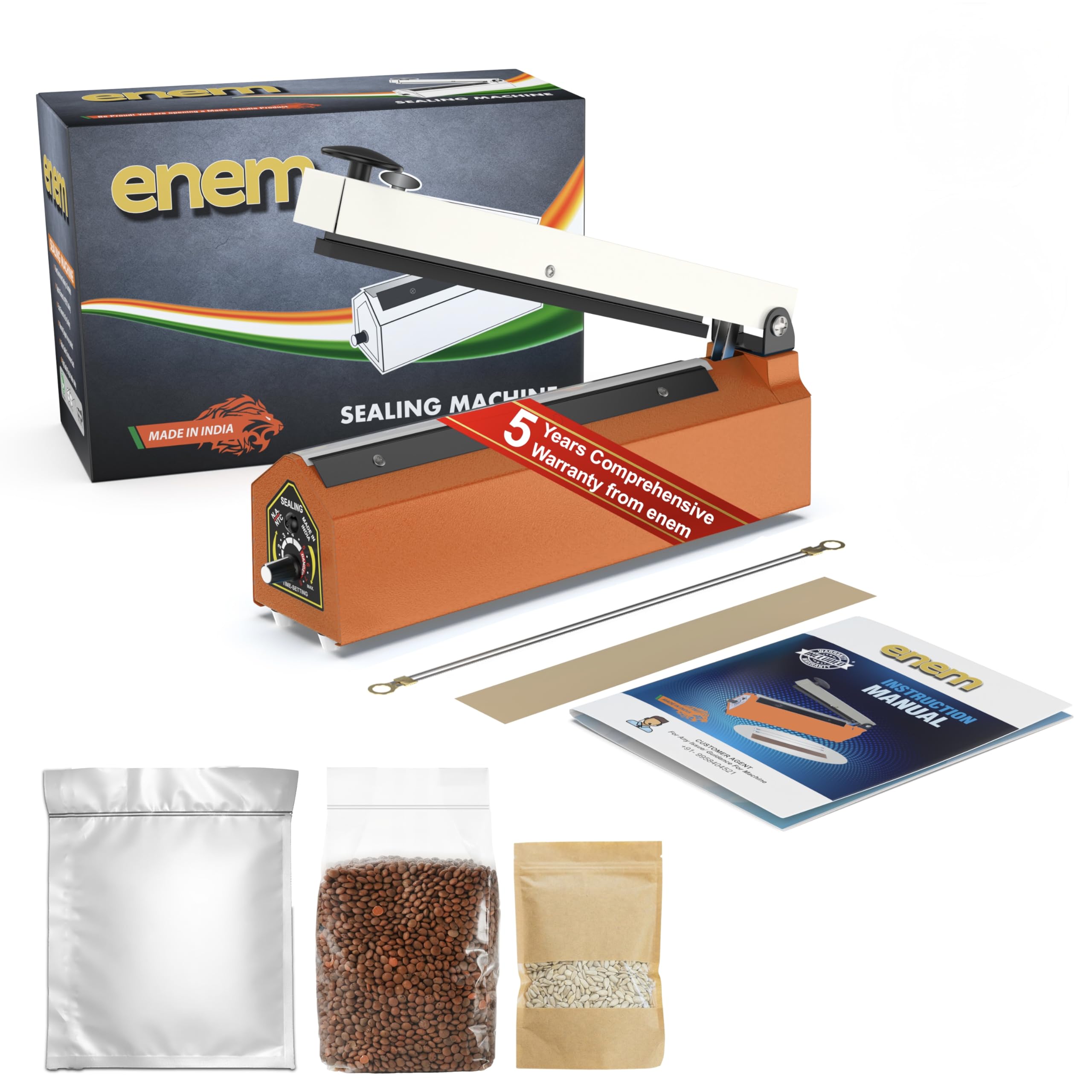 Enem Sealing Machine 2 Line Design for Food Packets, 8 Inch (200 mm), 5 Years Comprehensive Warranty from Enem, Packet Sealer Machine, Packing Machine Sealing, Sealing Machine (Orange)